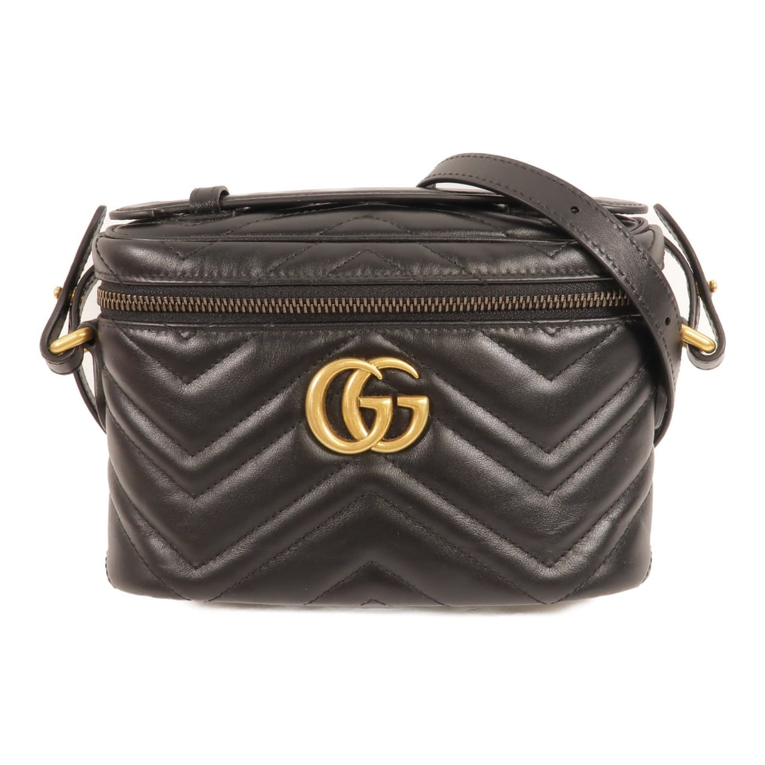 Gucci Marmont Mini 2way Shoulder Bag Black Calfskin Model 672253: Gucci Marmont Mini 2way Shoulder Bag Black Calfskin Model 672253 A Gucci Marmont Mini 2way shoulder bag in black calfskin leather, designed for carrying by hand or over the shoulder. It features a com