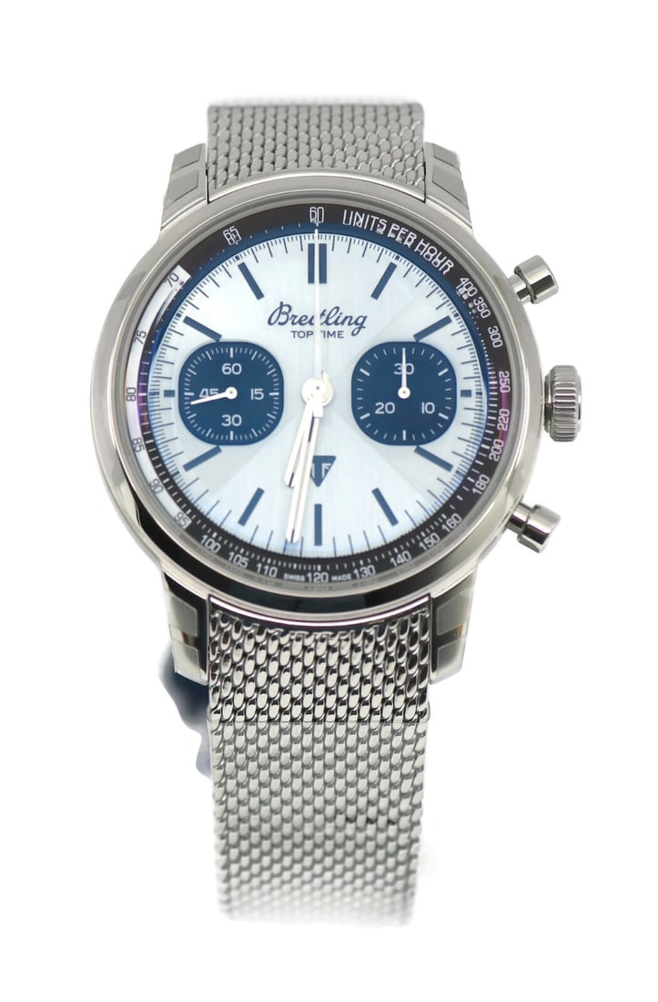 Breitling Top Time Chronograph Stainless Steel Watch AB0176 with Box and Papers: Breitling Top Time Chronograph Stainless Steel Watch AB0176 with Box and Papers Experience the precision and elegance of the Breitling Top Time Chronograph, a distinguished wristwatch crafted from hig
