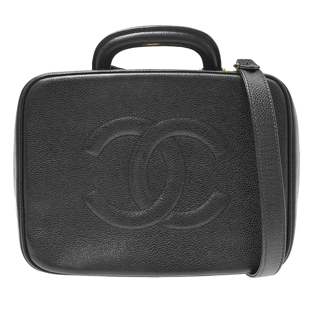 Chanel Vintage Timeless Caviar Leather Zip Around Vanity Case Black: Chanel Vintage Timeless Caviar Leather Zip Around Vanity Case Black Vintage Chanel Timeless Zip Around Vanity Case in black leather, designed for female use. Made in Italy, it measures 24 cm x 18 cm x