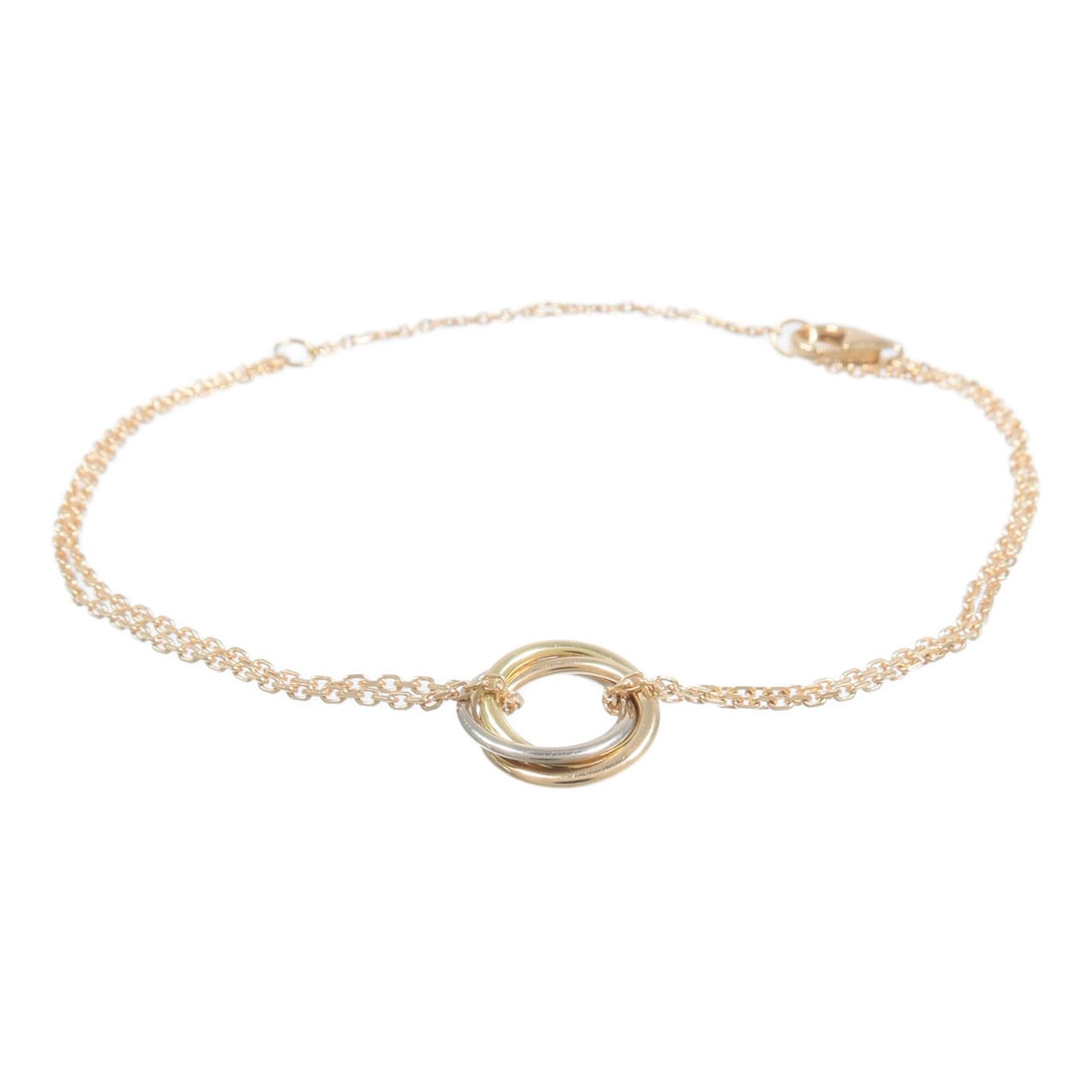 18K Tri Color Gold Bracelet Cartier Trinity: 18K Tri Color Gold Bracelet Cartier Trinity A Cartier Trinity Bracelet in 18K yellow gold, white gold, and pink gold. The bracelet features a motif measuring approximately 12 mm x 12 mm and is sized f