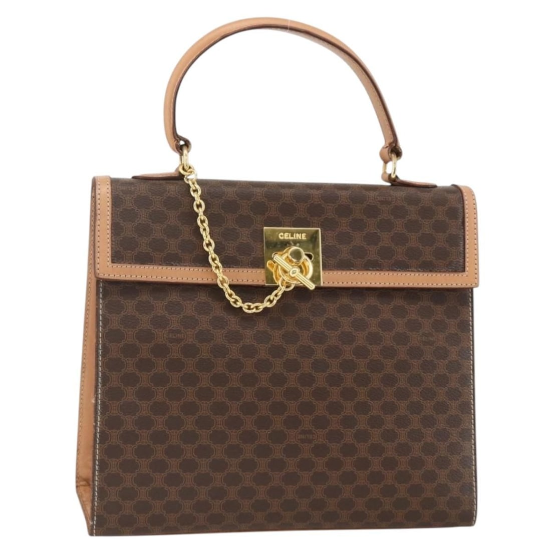 CELINE Macadam Canvas PVC Leather Handbag Brown Gold Tone: CELINE Macadam Canvas PVC Leather Handbag Brown Gold Tone Celine Macadam canvas hand bag in brown with gold-tone accents, made in Italy. This women's handbag is crafted from PVC leather and Macadam ca