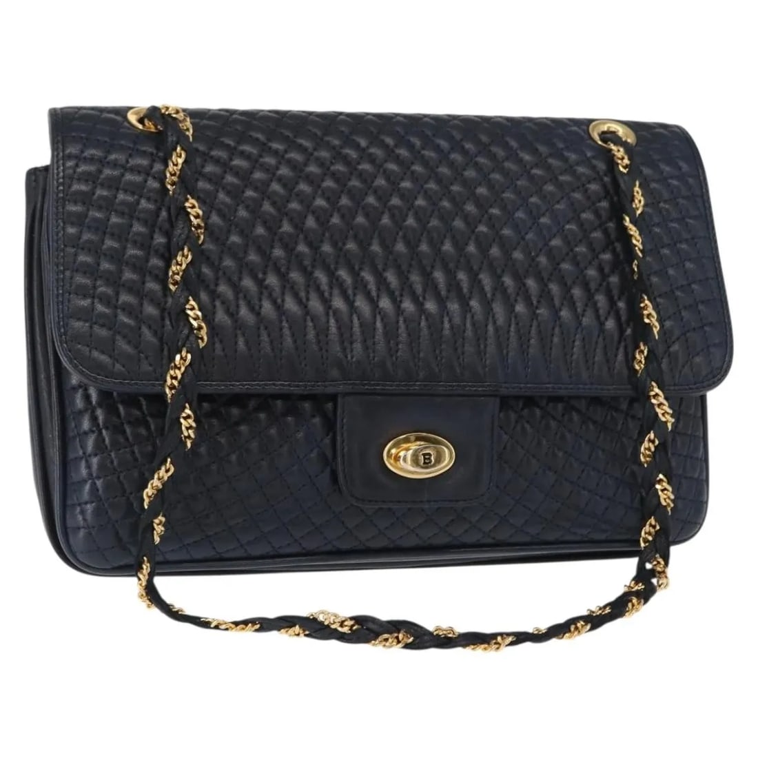 Bally Vintage Navy Leather Shoulder Bag Italy: Bally Vintage Navy Leather Shoulder Bag Italy This vintage Bally shoulder bag for women features navy leather construction with a compact rectangular shape. It shows visible signs of use including sur