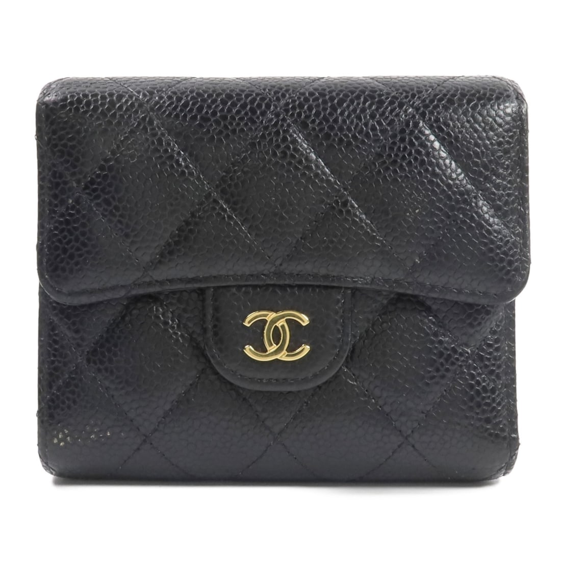 CHANEL AP0231 Classic Small Flap Tri Fold Wallet Black Calfskin: CHANEL AP0231 Classic Small Flap Tri Fold Wallet Black Calfskin A CHANEL classic small flap wallet in black calfskin leather, designed in a tri-fold style. It features a hook button closure, six card 