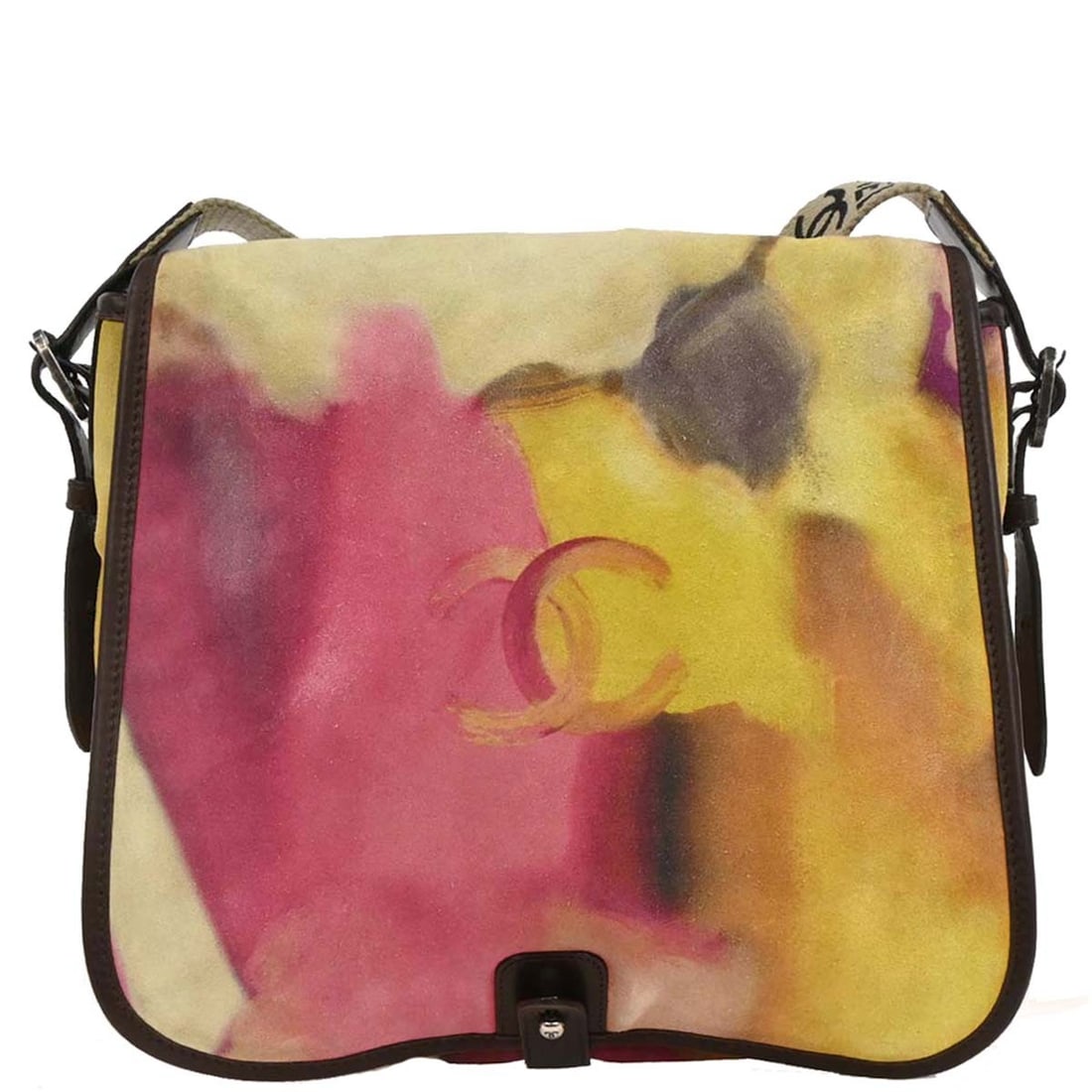 CHANEL medium suede shoulder bag in yellow with flap closure: CHANEL medium suede shoulder bag in yellow with flap closure Chanel flap shoulder bag in yellow suede with lambskin leather trim and logo accents. This medium women's bag features an adjustable should