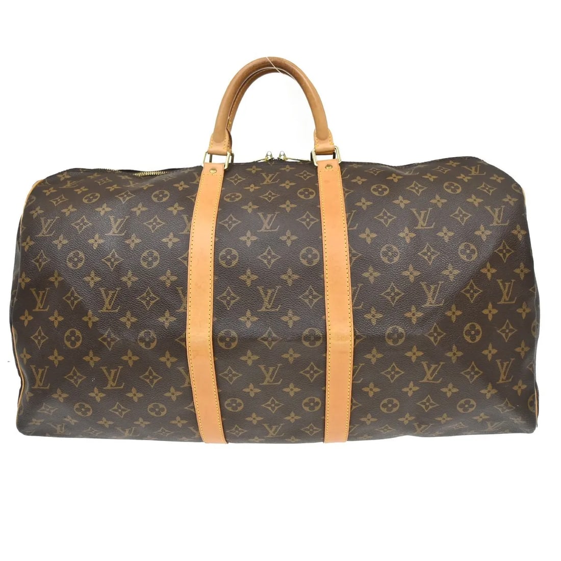Louis Vuitton Monogram Canvas Keepall Travel Bag 55cm: Louis Vuitton Monogram Canvas Keepall Travel Bag 55cm This Louis Vuitton Keepall Bag features the signature monogram canvas in brown, designed for unisex use. The bag shows visible wear, including scu