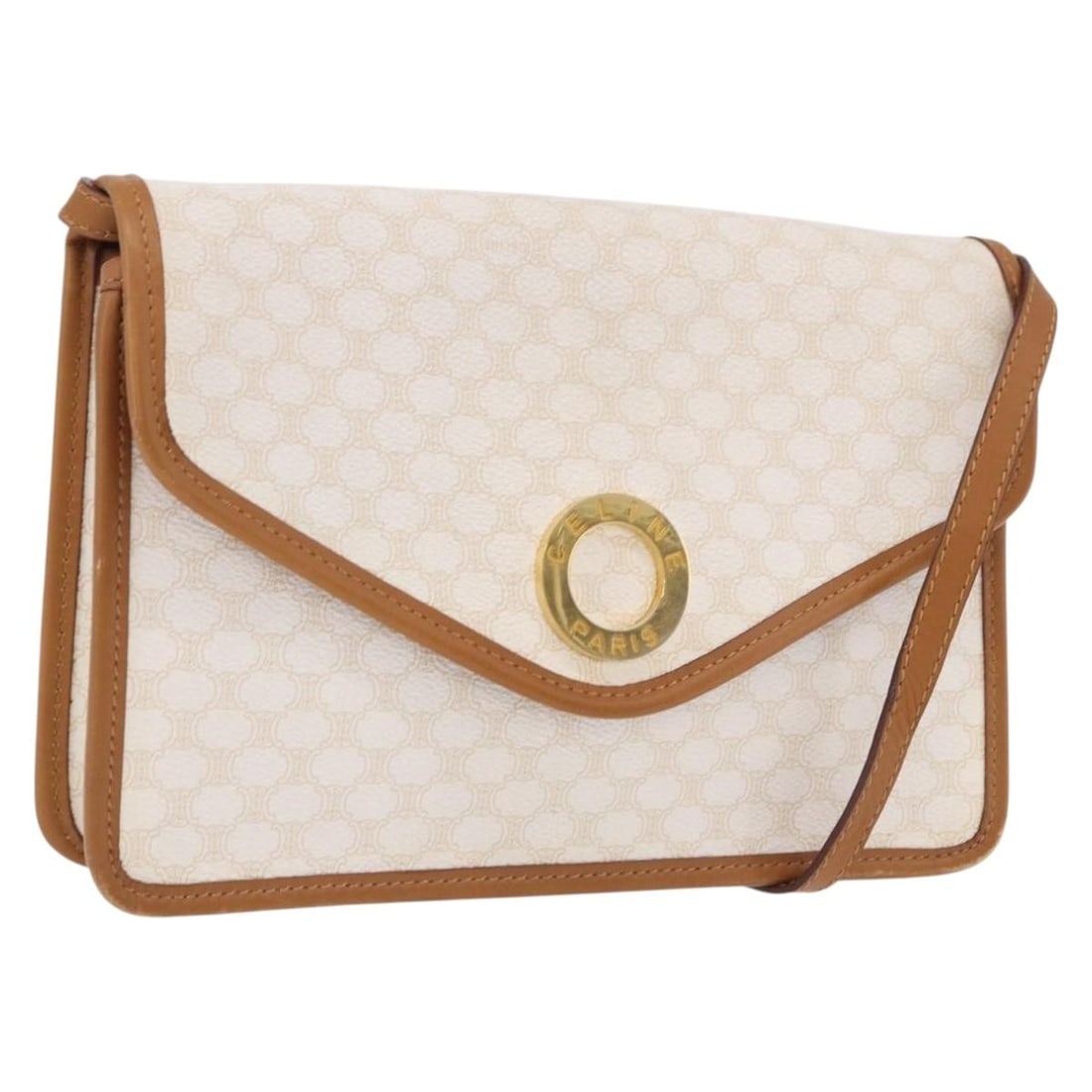 CELINE Macadam Shoulder Bag White Gold PVC Leather Italy: CELINE Macadam Shoulder Bag White Gold PVC Leather Italy CELINE Macadam Canvas Shoulder Bag in white and gold, made in Italy. Crafted from PVC leather and Macadam canvas, this women's shoulder bag fea