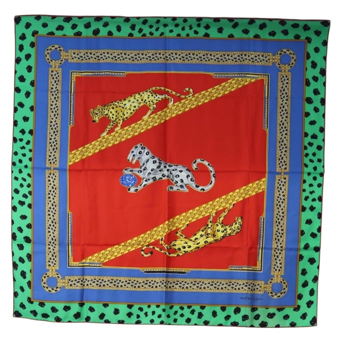Cartier Silk Scarf Green Blue Leopard Pattern with Box (1 of 15)