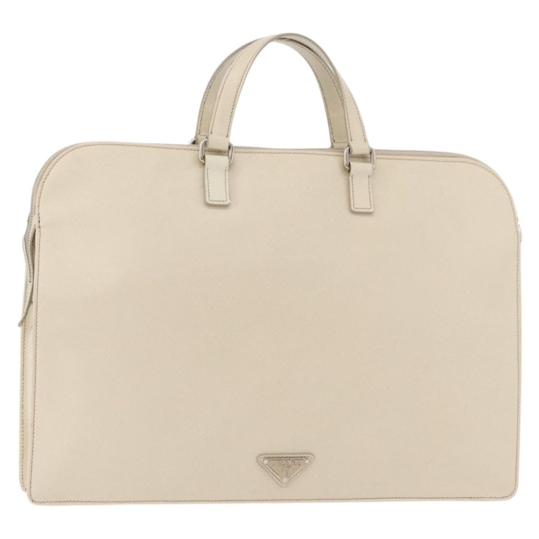 PRADA Saffiano Leather Briefcase Ivory Silver Womens Bag: PRADA Saffiano Leather Briefcase Ivory Silver Womens Bag Prada business bag in ivory Saffiano leather with silver-tone accents. Made in Italy, this structured women's bag is offered without the origin