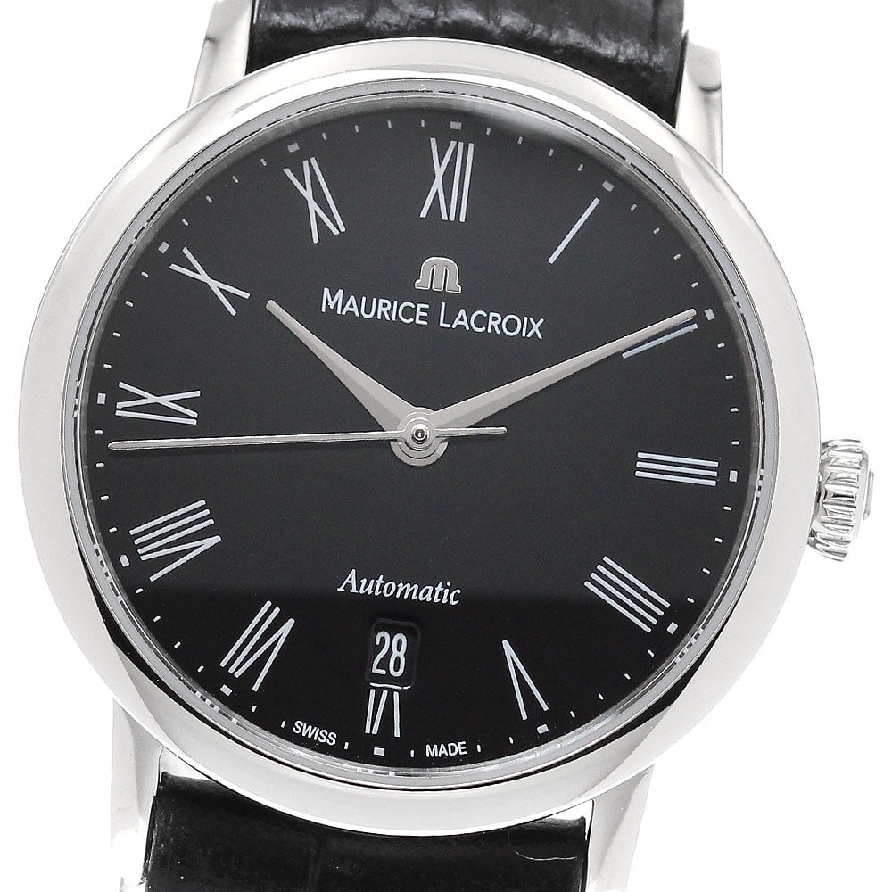 Maurice Lacroix Les Classiques women automatic date GMT watch: Maurice Lacroix Les Classiques women automatic date GMT watch This Maurice Lacroix Les Classiques Date ladies wristwatch features a stainless steel case paired with a black leather strap. The watch ha