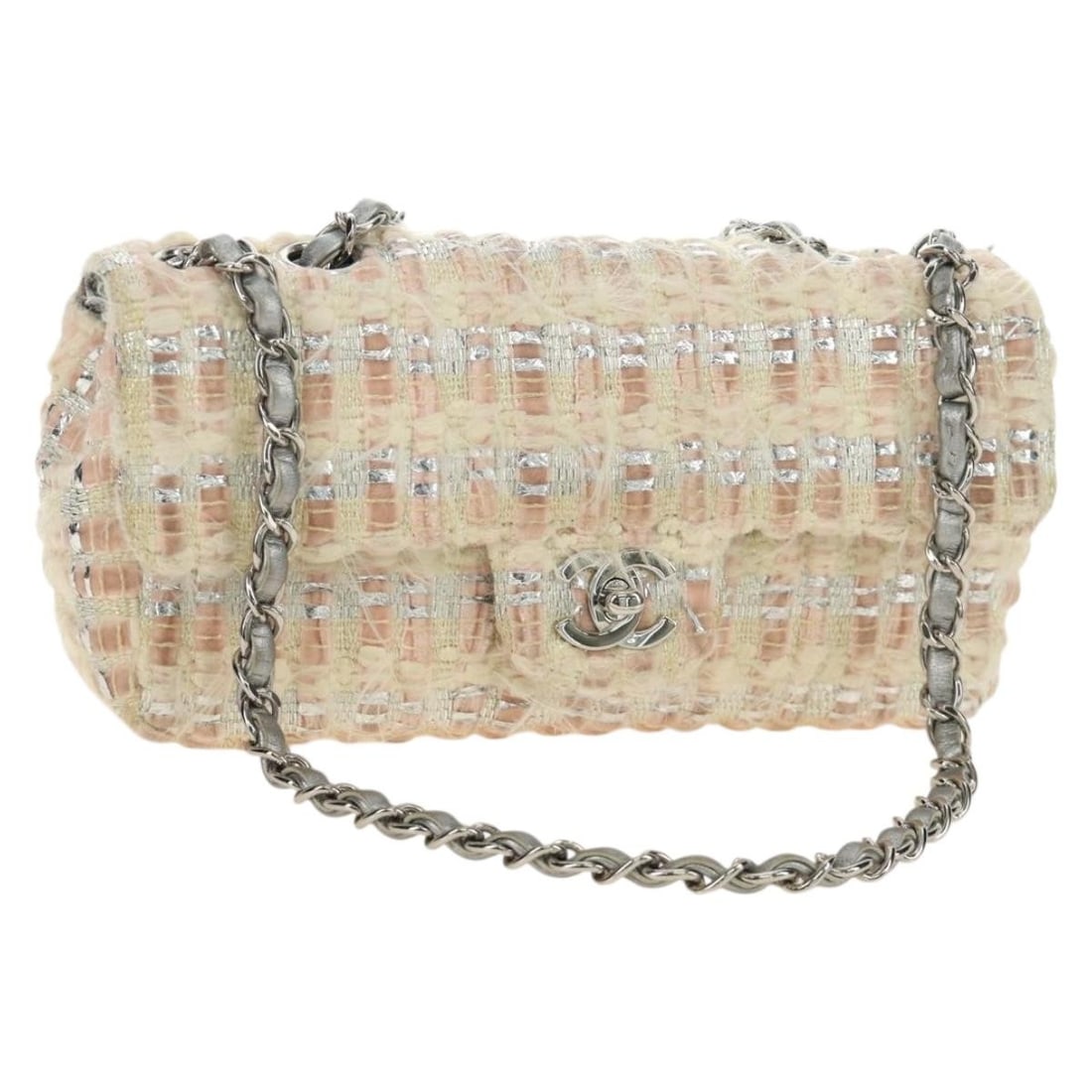 CHANEL Matelasse 23 Tweed Shoulder Bag Pink Silver CC: CHANEL Matelasse 23 Tweed Shoulder Bag Pink Silver CC Chanel Chain Matelasse 23 shoulder bag in pink and silver canvas with a chain shoulder strap. Made in France, this women's shoulder bag includes a