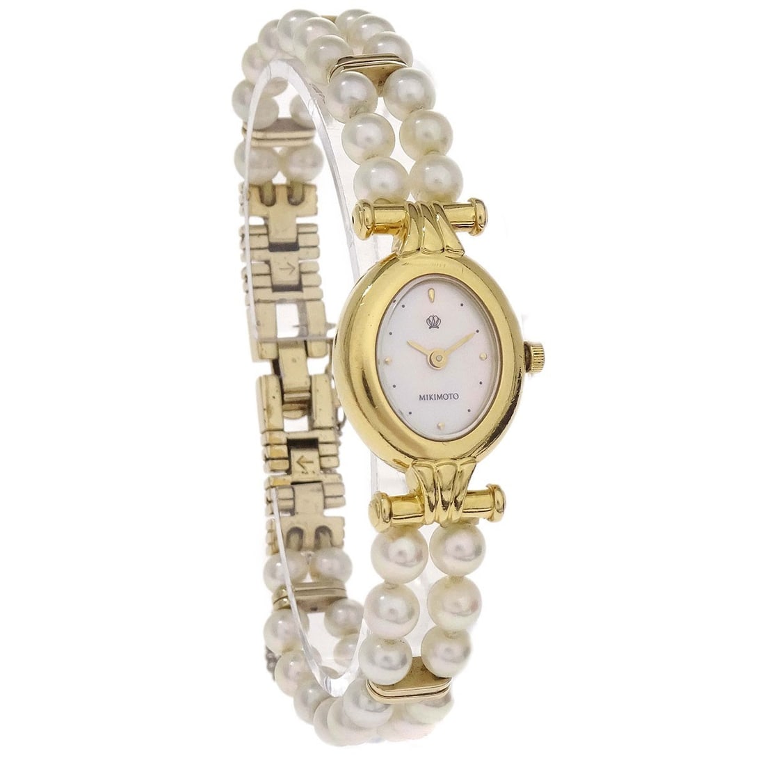 Mikimoto NNS-8014PF Women's Pearl Bracelet Quartz Wristwatch SS: Mikimoto NNS-8014PF Women's Pearl Bracelet Quartz Wristwatch SS Mikimoto women's wristwatch with a quartz movement and analog display. It features an oval stainless steel case, white dial, gold case c