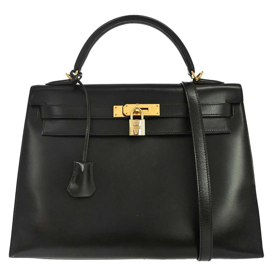 Hermes Kelly 32 Sellier Black Box Calf Leather Top Handle Bag: Hermes Kelly 32 Sellier Black Box Calf Leather Top Handle Bag Hermes Kelly 32 Sellier 2way handbag in black Box calf leather, made in France. It features a top handle, gold-tone hardware, and a turn l