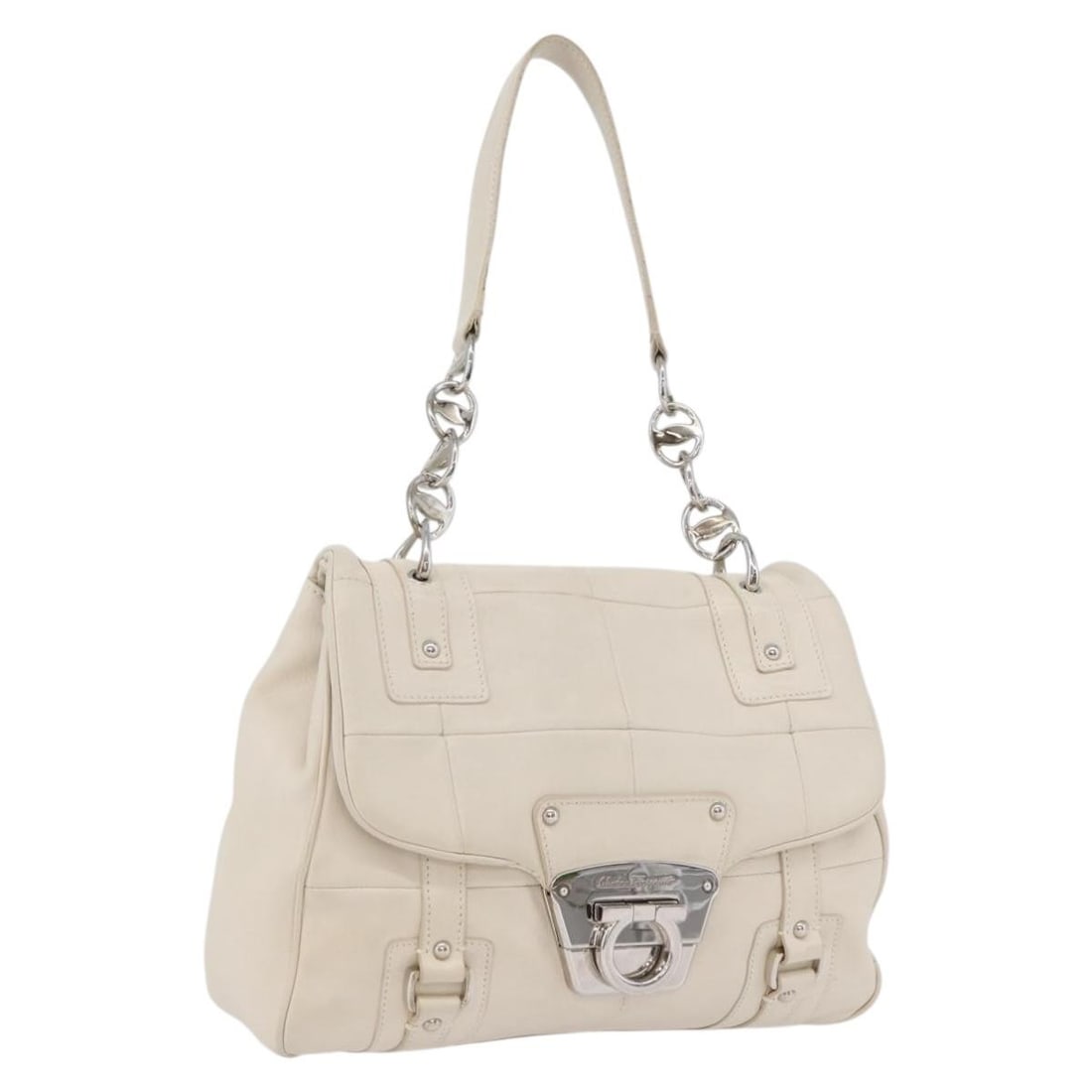 Salvatore Ferragamo Leather Hand Bag White Silver Dust Bag: Salvatore Ferragamo Leather Hand Bag White Silver Dust Bag Salvatore Ferragamo women's hand bag in leather with a white and silver exterior. Made in Italy, it measures approximately 25 cm W x 18 cm H 
