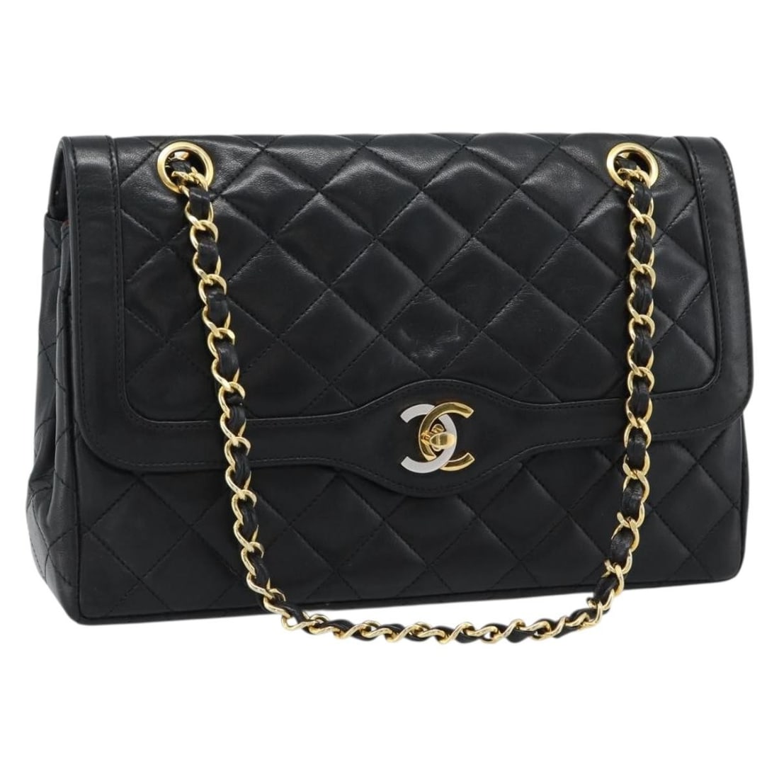 Chanel Paris Limited Matelasse Lambskin Shoulder Bag Black Gold CC: Chanel Paris Limited Matelasse Lambskin Shoulder Bag Black Gold CC Black and gold CHANEL Matelasse chain shoulder bag in lamb skin, made in France. It includes a guarantee card and has serial number 1