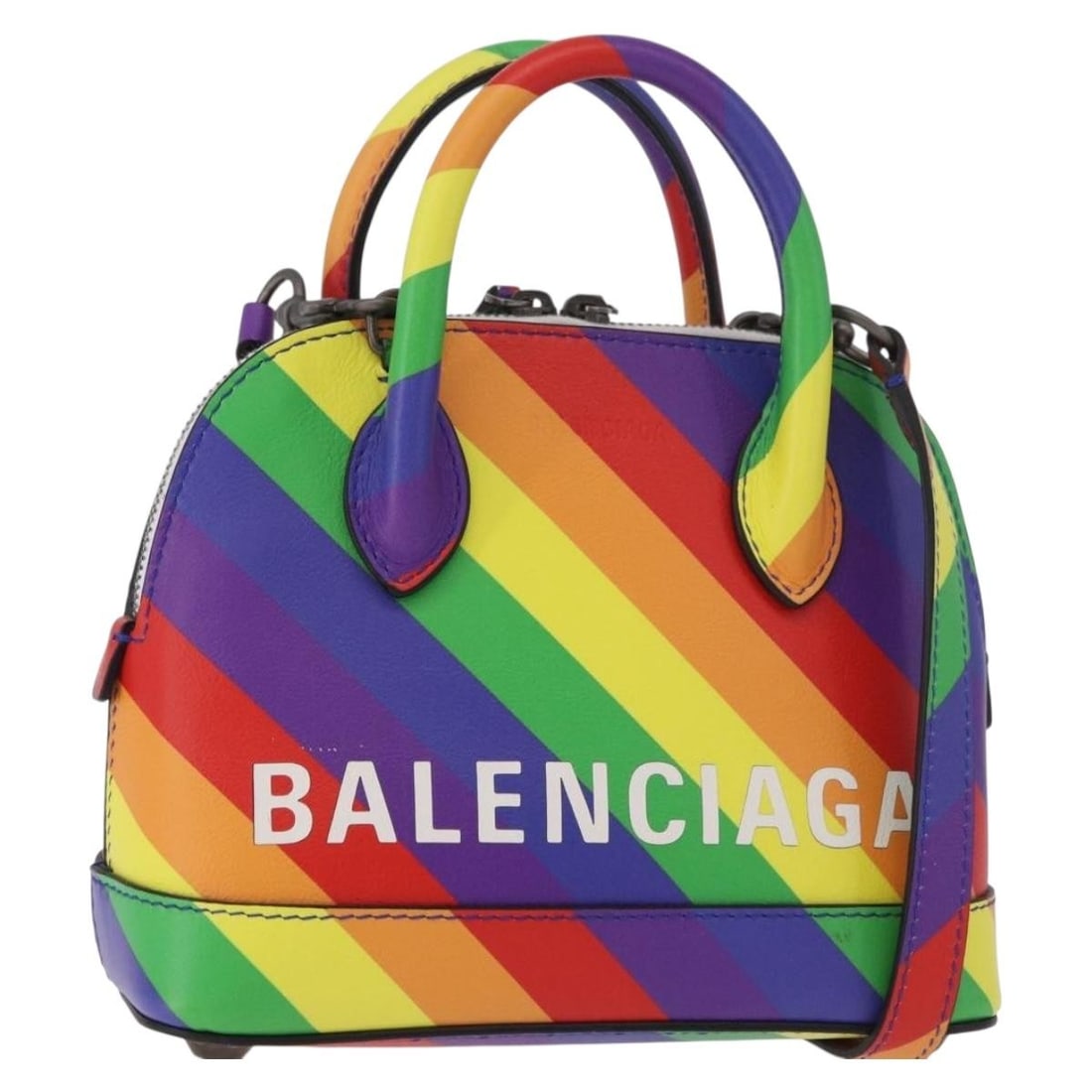 Balenciaga Ville XXS Leather 2way Handbag Rainbow With Strap 550646: Balenciaga Ville XXS Leather 2way Handbag Rainbow With Strap 550646 Balenciaga Ville XXS hand bag in leather with a rainbow color finish and 2-way carry option. It comes with a dust bag and shoulder s