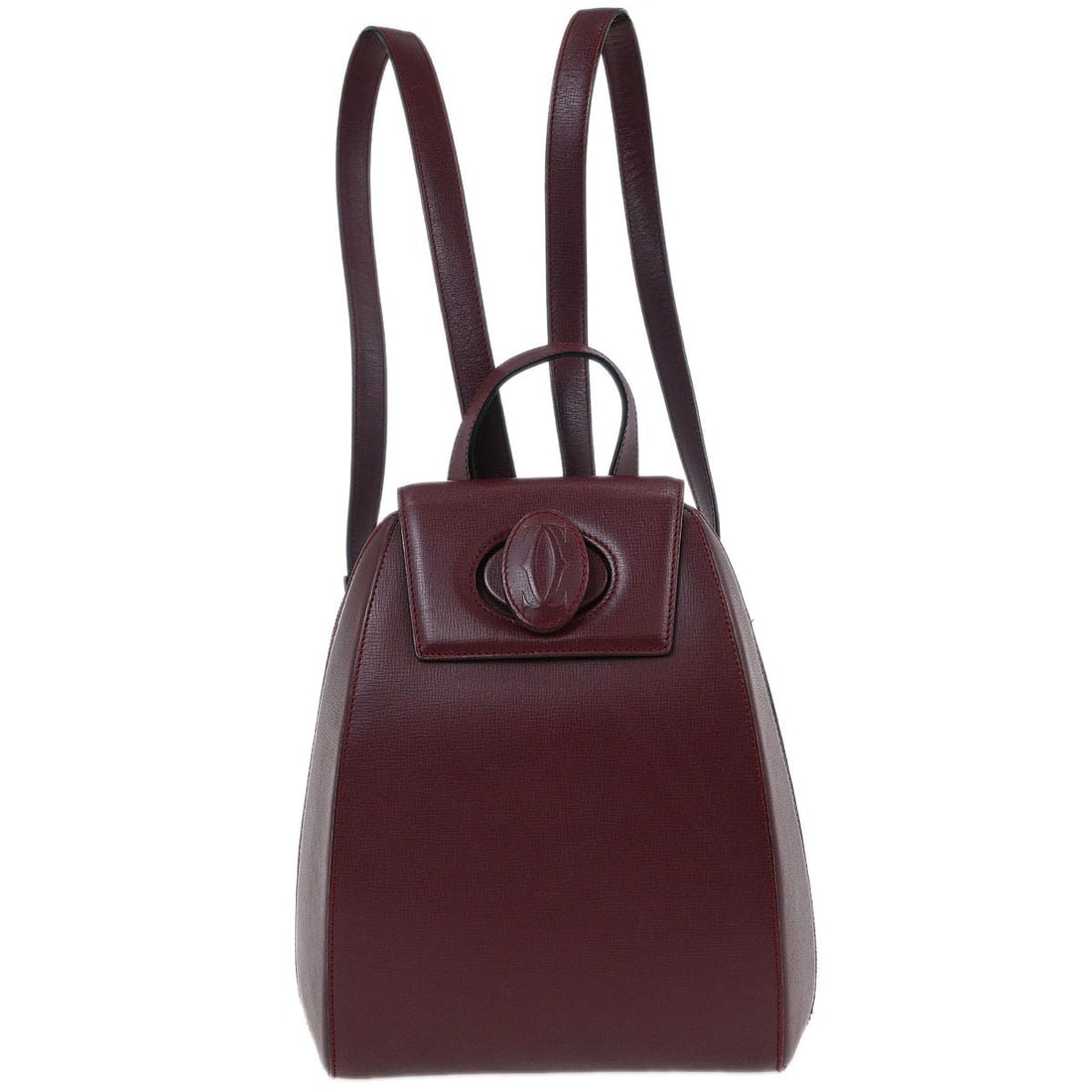 Vintage Cartier Bordeaux Leather Zip Backpack Made in Spain: Vintage Cartier Bordeaux Leather Zip Backpack Made in Spain Vintage Cartier backpack in bordeaux leather with a zip closure, canvas lining, and logo accent. This medium-size bag features an adjustable