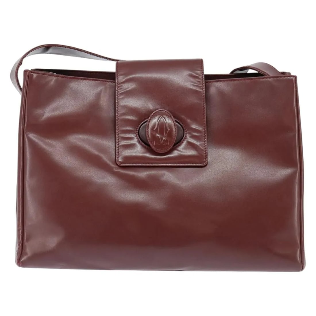 Burgundy Leather Shoulder Bag Cartier Must de Cartier: Burgundy Leather Shoulder Bag Cartier Must de Cartier This pre-owned Must de Cartier shoulder bag is crafted from burgundy leather and designed for women. Made in Italy, it features a classic silhouet