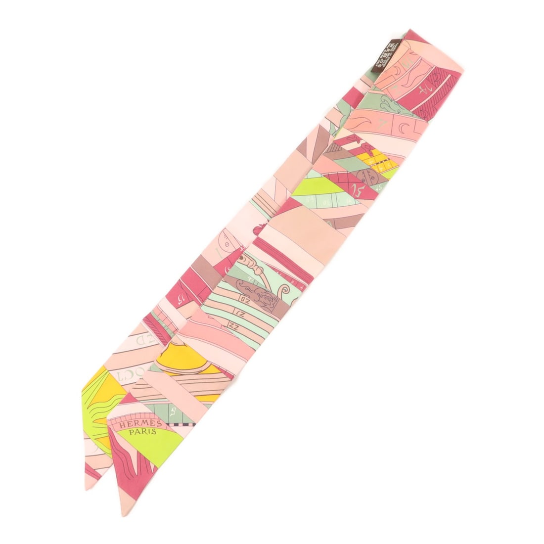 Hermes Twilly Silk Scarf Pink Multi France: Hermes Twilly Silk Scarf Pink Multi France Hermes Twilly scarf in silk with a pink and multicolor design. It is a women's regular-size scarf made in France and offered in reasonable worn condition. Sp