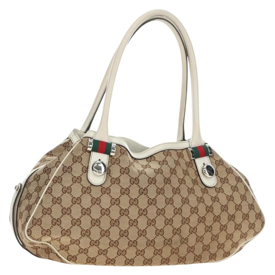 Gucci 232971 GG Canvas Tote Bag Beige Red Silver Web Sherry Line: Gucci 232971 GG Canvas Tote Bag Beige Red Silver Web Sherry Line Gucci GG Canvas Web Sherry Line tote bag in beige, silver, and red. Made in Italy, this bag features GG canvas construction and a tote 