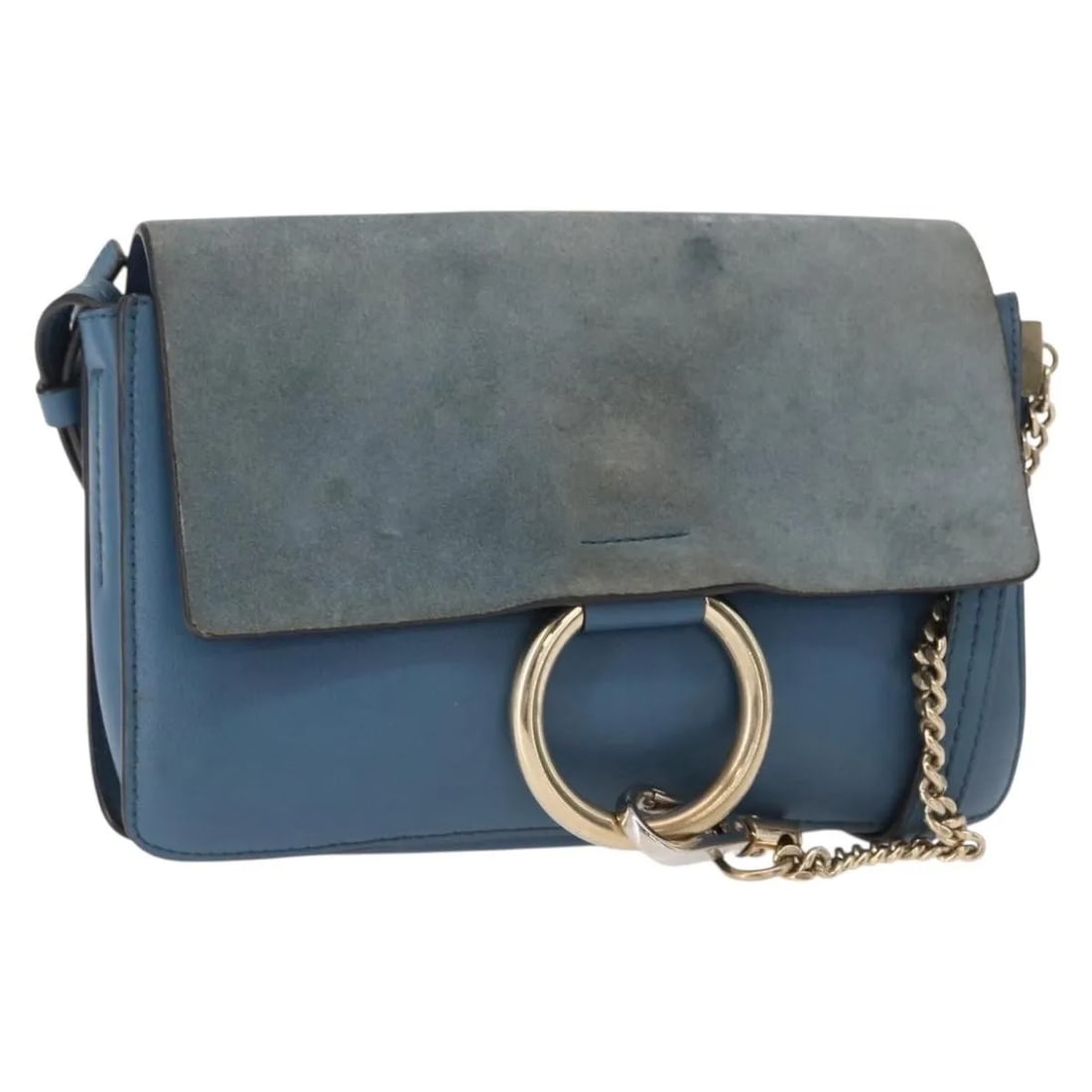 Chloe Faye shoulder bag in blue suede and leather: Chloe Faye shoulder bag in blue suede and leather This Chloe Faye shoulder bag for women features a combination of leather and blue suede. It is designed with metal fittings and has a shoulder strap. 