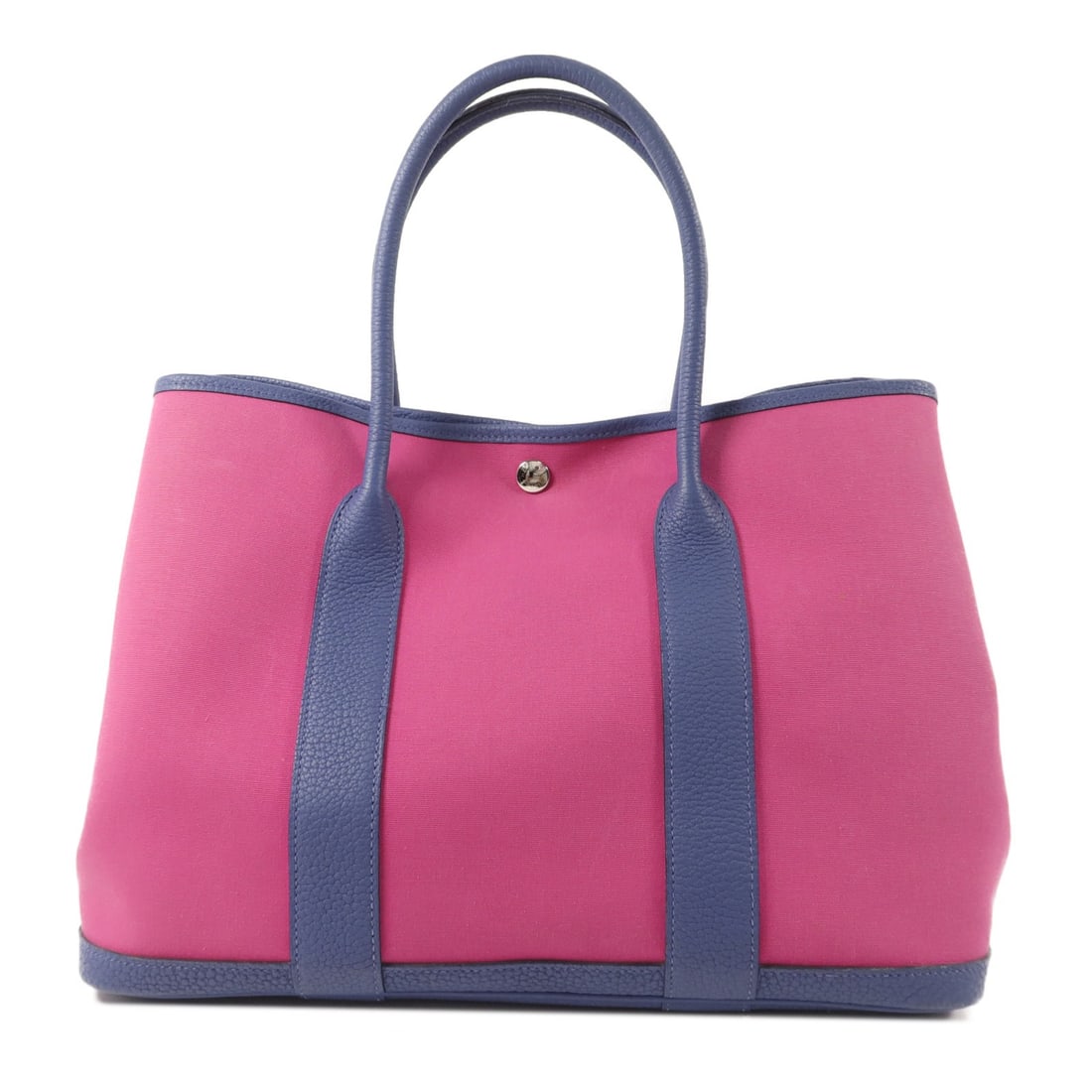 HERMES GardenParty PM Tote Negonda Leather Canvas Pink PHW: HERMES GardenParty PM Tote Negonda Leather Canvas Pink PHW Hermes Garden Party PM tote bag in Negonda leather, canvas, and calfskin (cowhide), presented in Magnolia x Pink x Magnolia/Blue. It features