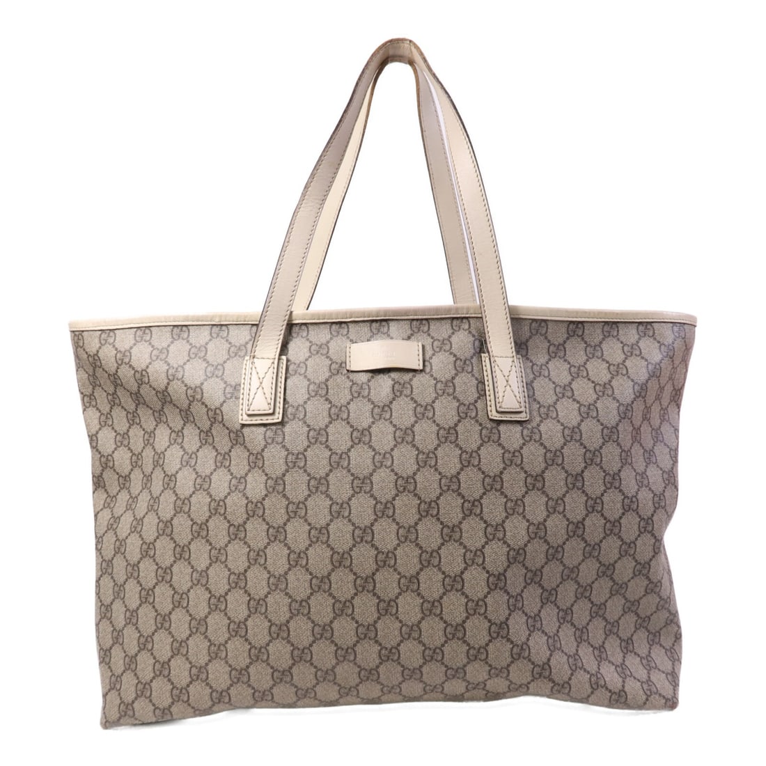 Gucci 211120 GG Tote Handbag Brown Coated Canvas Calfskin: Gucci 211120 GG Tote Handbag Brown Coated Canvas Calfskin Brown tote bag made from calfskin (cowhide) and PVC coated canvas. It features a fastener closure, one open interior pocket, and handles measu