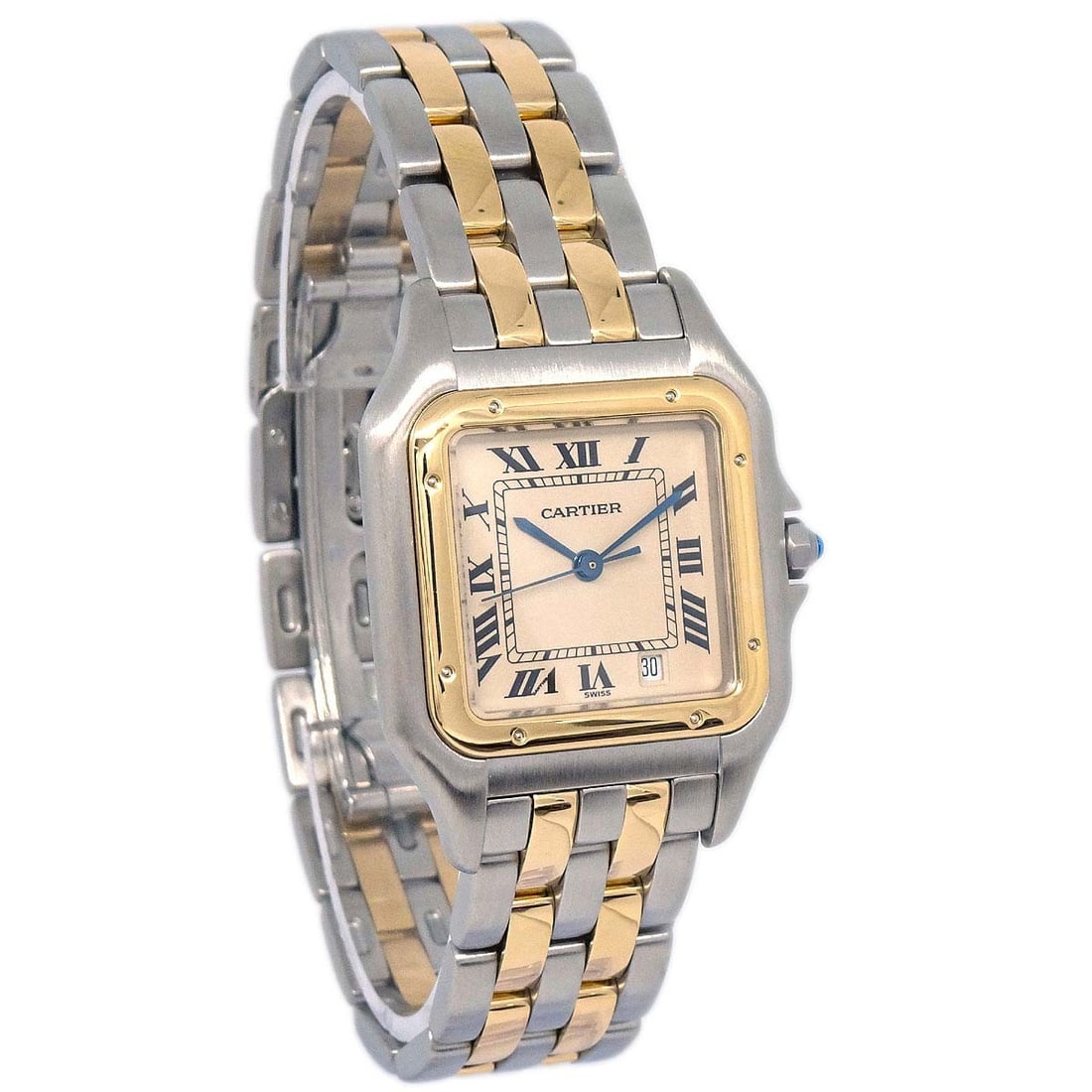 Cartier Panthere MM 2-Row 110000R Women's Quartz Two Tone Watch: Cartier Panthere MM 2-Row 110000R Women's Quartz Two Tone Watch Cartier Panthere MM 2-Row Ref. 110000R quartz wristwatch for women with a classic two-tone design. This analog watch features a beige di