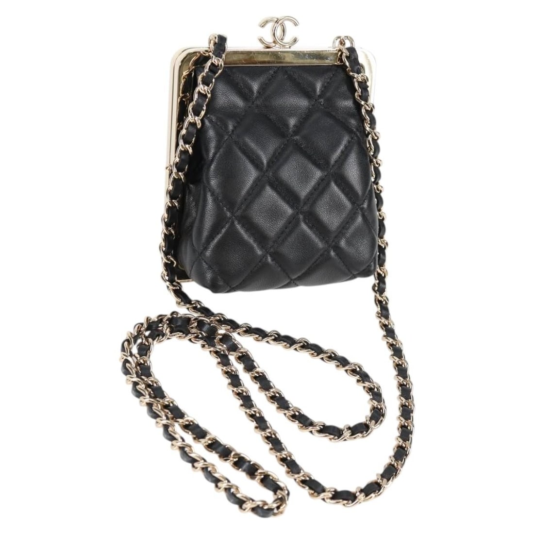 CHANEL Matelasse Lamb Skin Shoulder Pouch Black Gold CC: CHANEL Matelasse Lamb Skin Shoulder Pouch Black Gold CC CHANEL Matelasse Chain Pouch Shoulder Bag in black and gold lamb skin, made in Italy. This women's shoulder bag features a compact pouch-style d