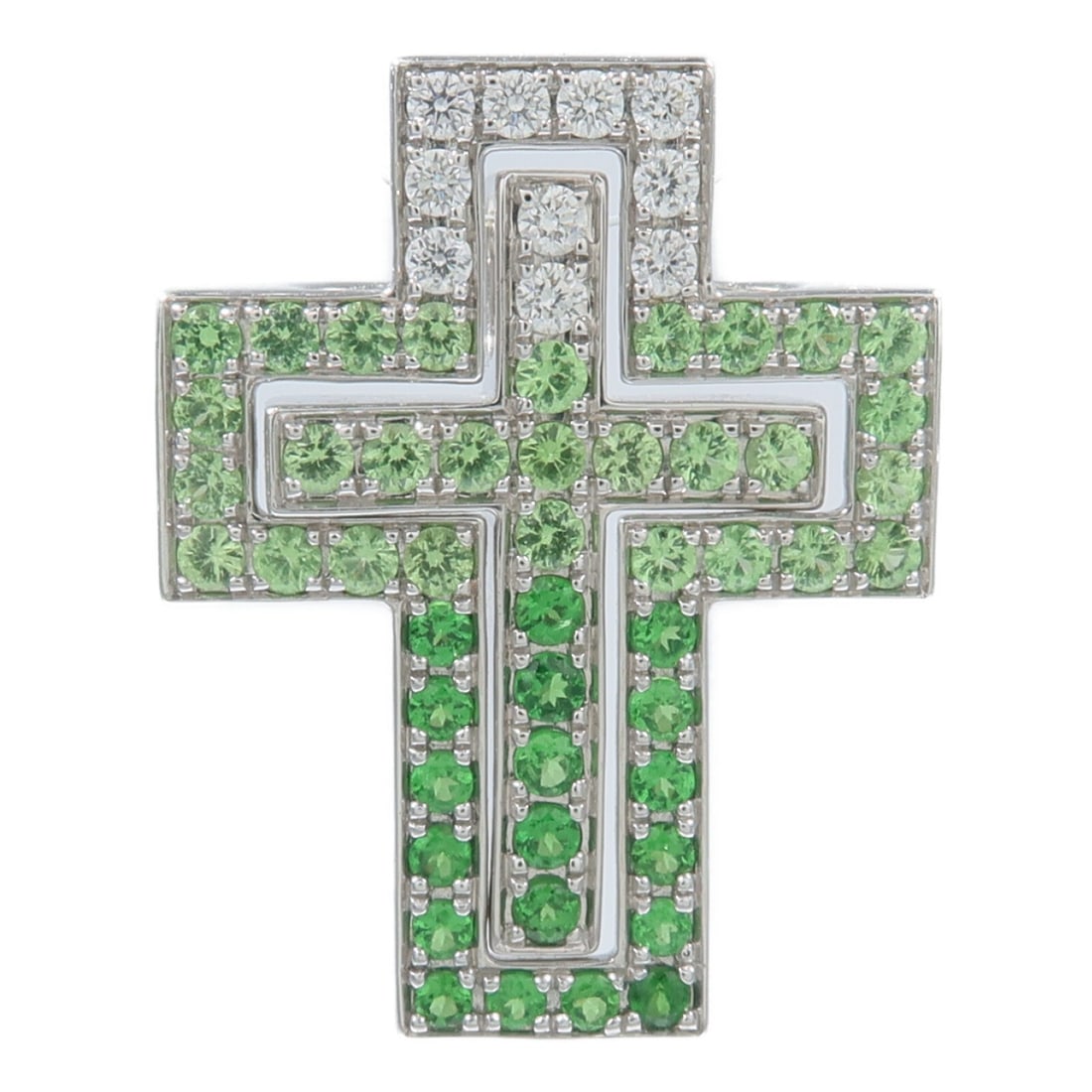 18K White Gold Pendant Top with Multi Diamonds Green Detail: 18K White Gold Pendant Top with Multi Diamonds Green Detail A women's pendant top in K18 white gold with a green and clear color combination. It features diamonds and is presented in very good AB cond