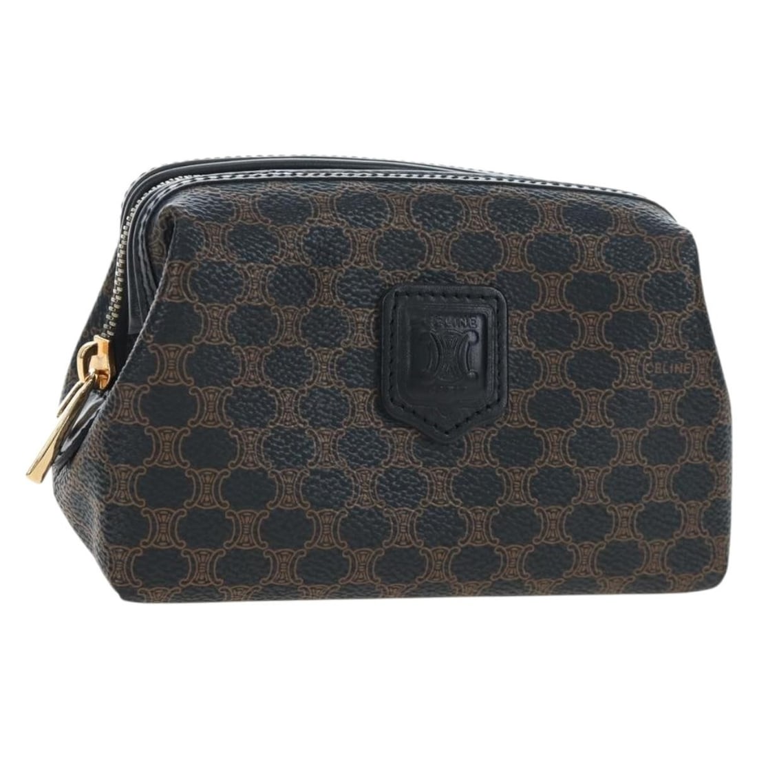 CELINE Macadam Canvas and PVC Leather Pouch Black Gold Italy: CELINE Macadam Canvas and PVC Leather Pouch Black Gold Italy CELINE Macadam Canvas pouch in black and gold PVC leather and Macadam canvas, made in Italy. This women's pouch is presented in excellent c