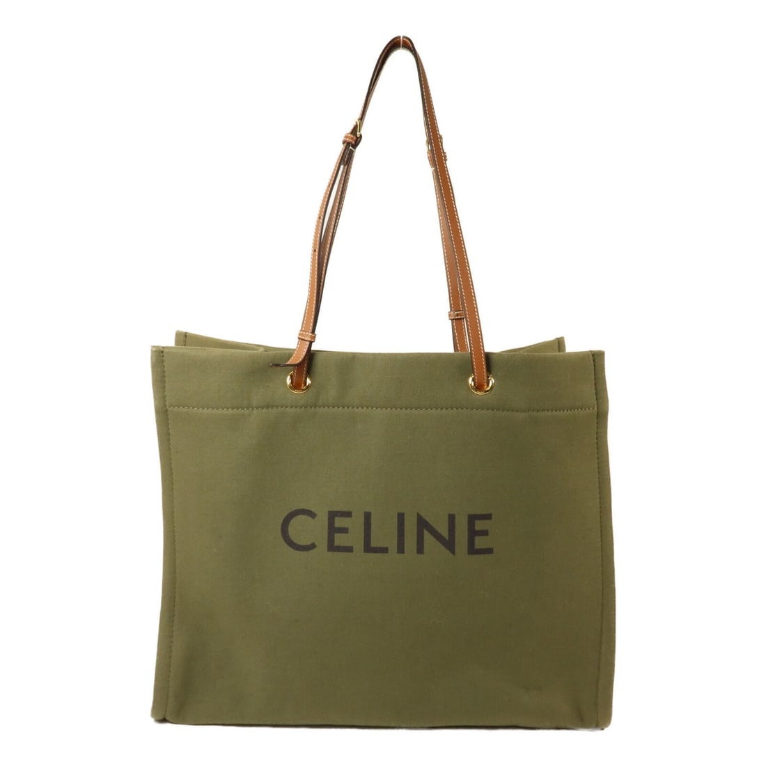 CELINE Cabas Canvas Tote Green Brown GHW: CELINE Cabas Canvas Tote Green Brown GHW A CELINE Cabas tote bag in green and brown canvas. It features a hook button closure, one inside open pocket, and one inside zip pocket. The bag comes with no 