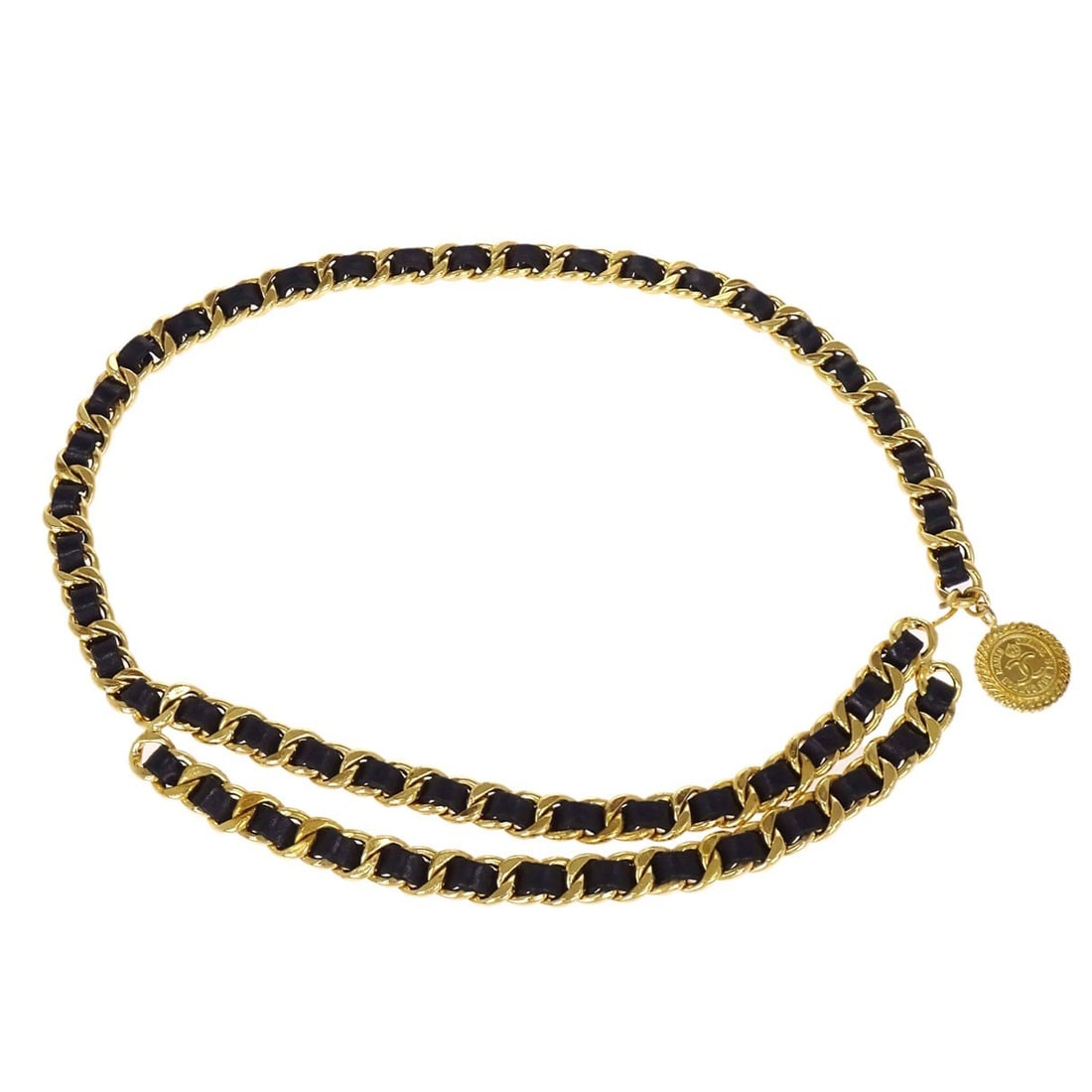 CHANEL Medallion Chain Belt Gold Plated Leather Black France: CHANEL Medallion Chain Belt Gold Plated Leather Black France Chanel chain belt with a medallion-style top in gold and black. It is a women's one-size belt made in France and features gold plated and l