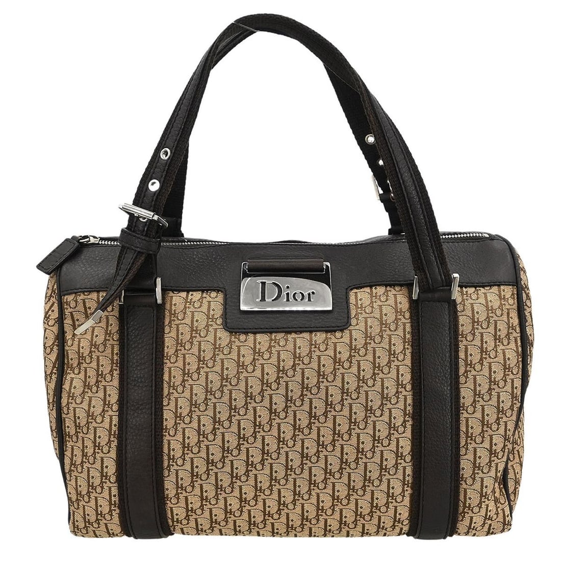 Dior Trotter Medium Top Handle Bag in Beige Canvas Leather: Dior Trotter Medium Top Handle Bag in Beige Canvas Leather Christian Dior Trotter handbag in beige and brown canvas with leather trim and silver-tone hardware. This medium top handle bag features the 
