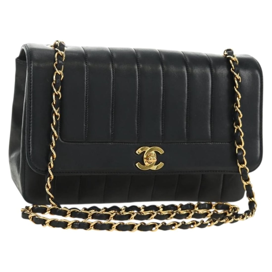 CHANEL Mademoiselle Lamb Skin Shoulder Bag Black Gold Tone CC: CHANEL Mademoiselle Lamb Skin Shoulder Bag Black Gold Tone CC A CHANEL shoulder bag in black and gold lamb skin, made in France. It comes with a dust bag and features a shoulder strap drop of approxim