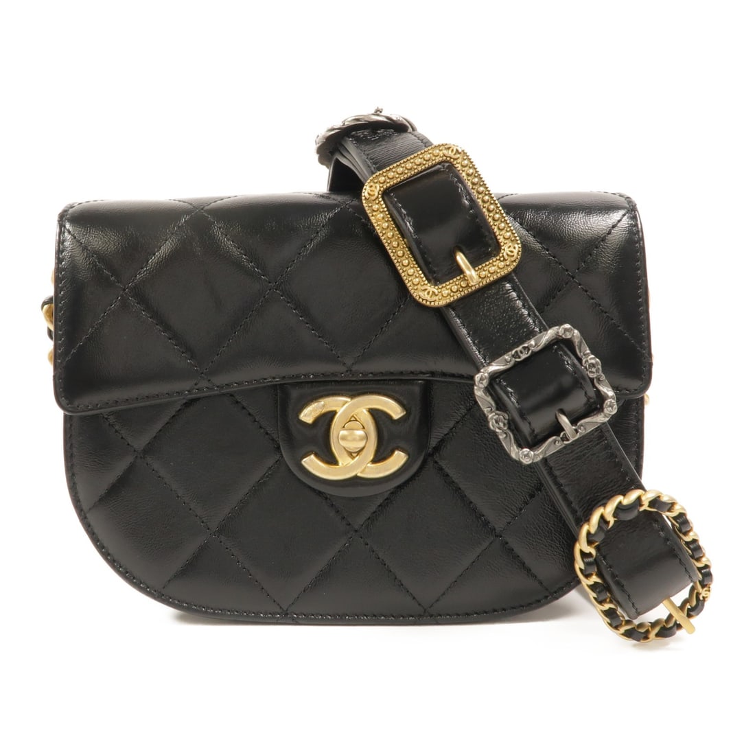 CHANEL Saddle Shoulder Bag Black Calfskin CC Gold Tone Hardware: CHANEL Saddle Shoulder Bag Black Calfskin CC Gold Tone Hardware A CHANEL CC GHW Saddle Shoulder Bag in black calfskin leather. It features a turn-lock closure and includes one outside open pocket, one