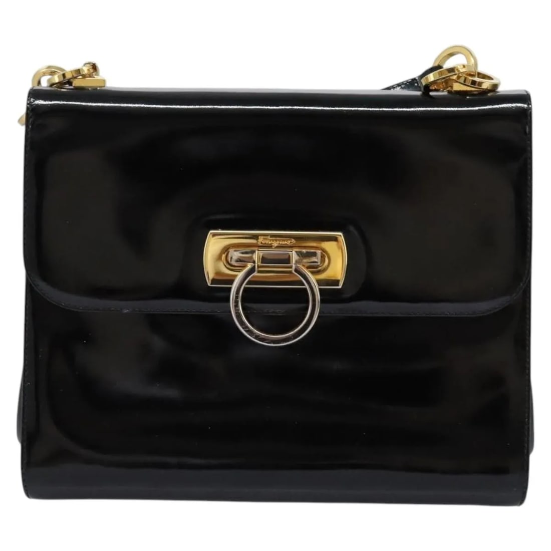 Black Patent Leather Shoulder Bag Salvatore Ferragamo Gancini Flap: Black Patent Leather Shoulder Bag Salvatore Ferragamo Gancini Flap Salvatore Ferragamo Gancini Flap bag in black patent leather. Made in Italy, this vintage piece is in fair, usable condition with vis