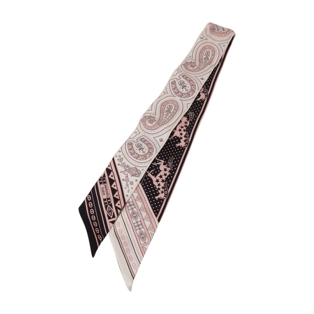 Hermes Twilly Silk Scarf Pink Black White with Box: Hermes Twilly Silk Scarf Pink Black White with Box A Hermes Twilly scarf in pink, black, and white silk. It measures 86 cm x 5 cm and comes with a storage box. Condition is A+, described as pristine. 