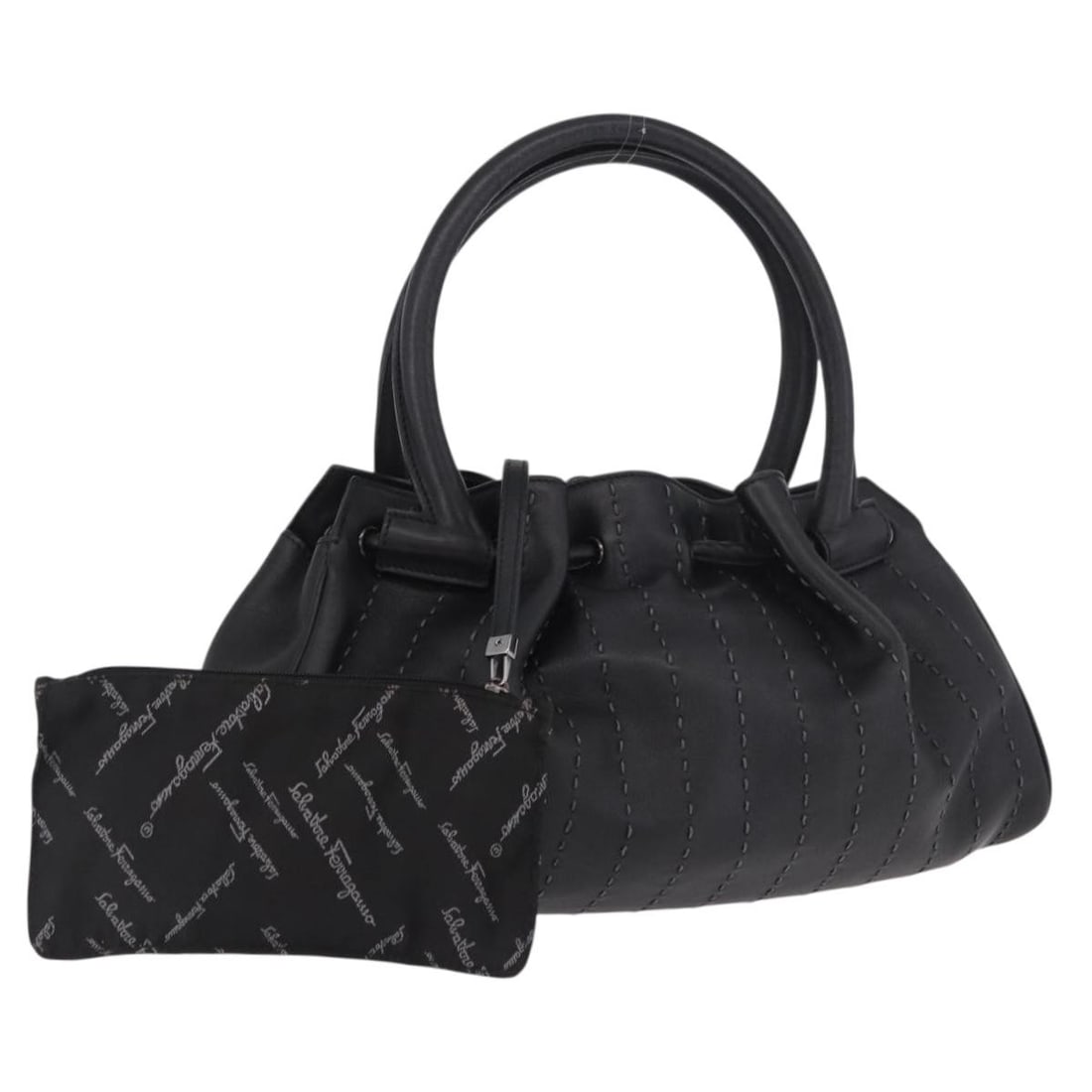 Salvatore Ferragamo Black Leather Handbag with Pouch: Salvatore Ferragamo Black Leather Handbag with Pouch Salvatore Ferragamo black leather hand bag made in Italy. It comes with a pouch and features a handle drop of approximately 3.9 inches (10 cm). The