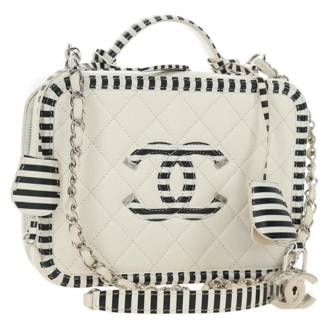 CHANEL Figley White Caviar Skin Shoulder Bag with Chain Strap: CHANEL Figley White Caviar Skin Shoulder Bag with Chain Strap Chanel CC Figley Matelasse chain shoulder bag in white grained calf skin with silver-tone accents. This women's shoulder bag includes a du