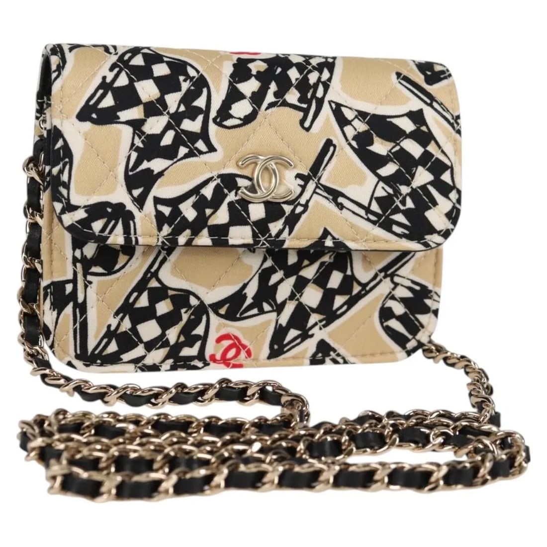 Beige Quilted Canvas Chanel Flap Card Holder With Chain: Beige Quilted Canvas Chanel Flap Card Holder With Chain This Chanel Flap Card Holder on Chain is crafted from beige quilted printed nylon and features a sleek, compact design. Suitable for women, it o