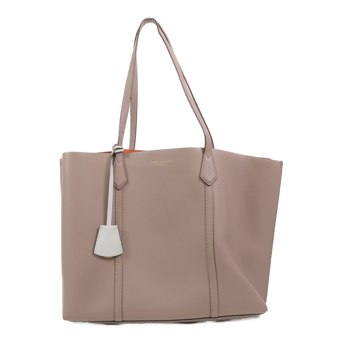 Tory Burch calfskin tote bag gray brown with clochette: Tory Burch calfskin tote bag gray brown with clochette A Tory Burch shoulder tote bag crafted from calfskin leather in a gray and brown color combination. It features one inside zip pocket and comes w