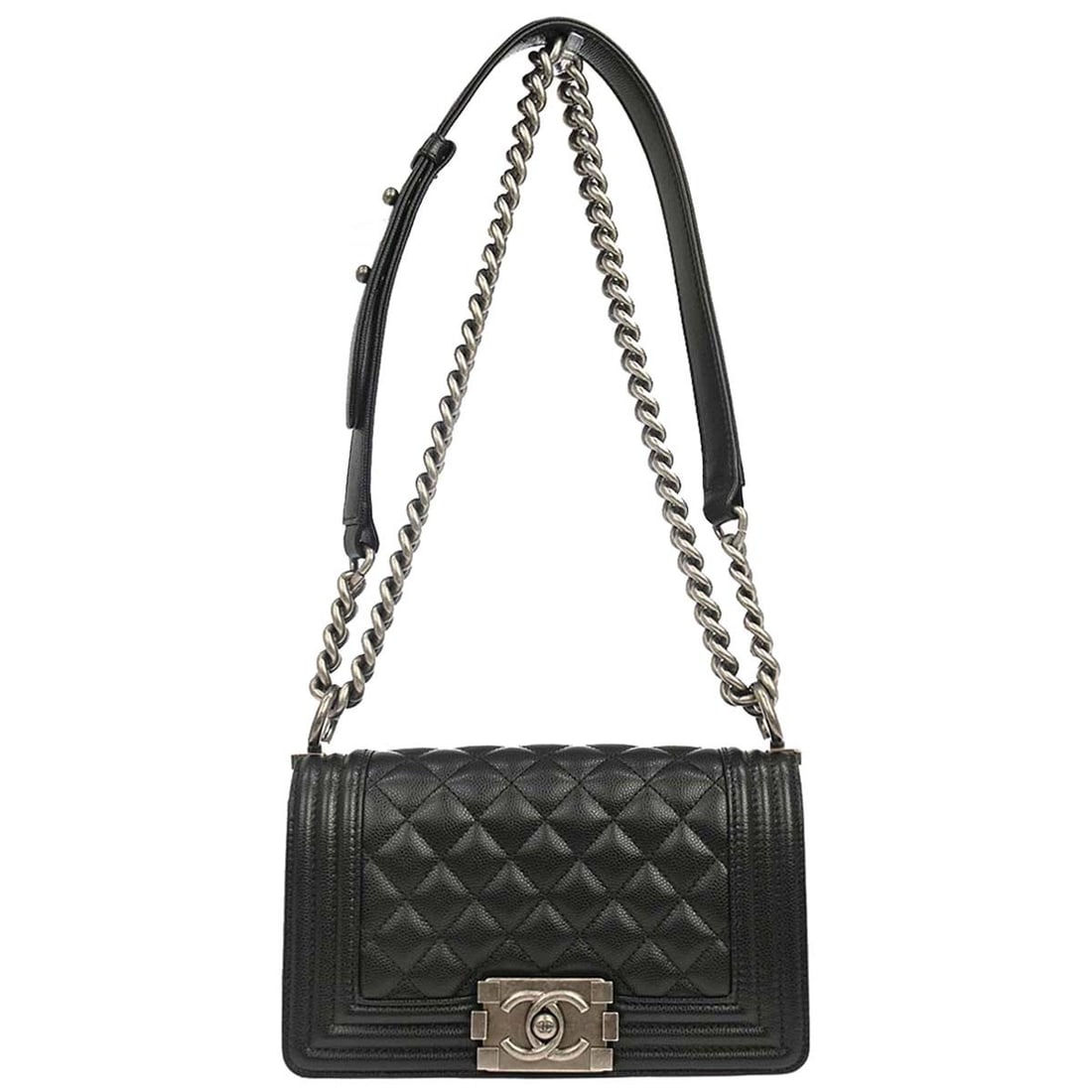 CHANEL Boy Chanel Mini Black Caviar Leather Shoulder Bag: CHANEL Boy Chanel Mini Black Caviar Leather Shoulder Bag This is a Boy Chanel small chain shoulder bag in black caviar skin leather, made in Italy. It features a clasp flap closure, a chain strap shou