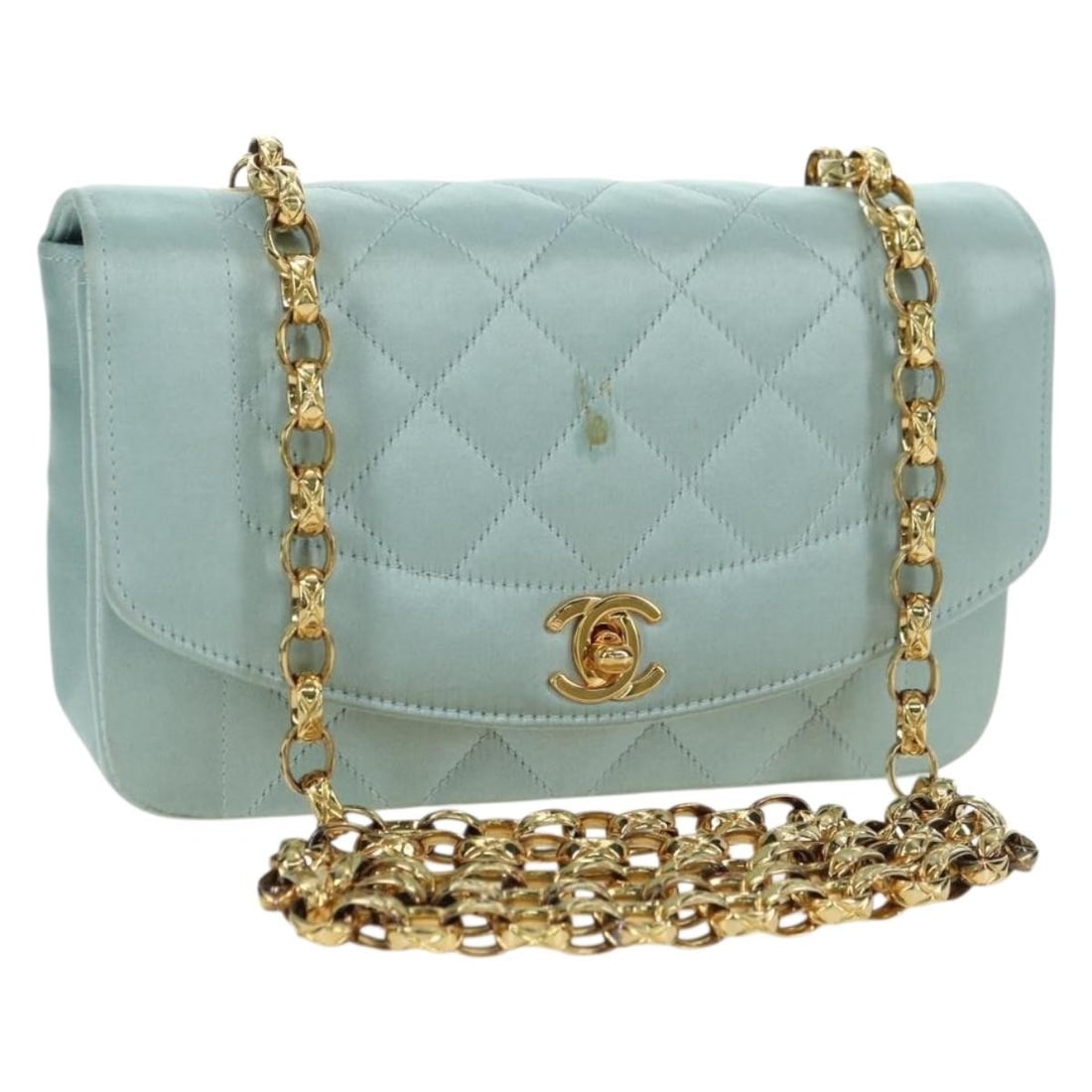 CHANEL Diana CC Light Blue Satin Shoulder Bag with Dust Bag Card: CHANEL Diana CC Light Blue Satin Shoulder Bag with Dust Bag Card A CHANEL Diana Matelasse shoulder bag in light blue satin. It includes a dust bag and guarantee card, and was made in France. The bag s