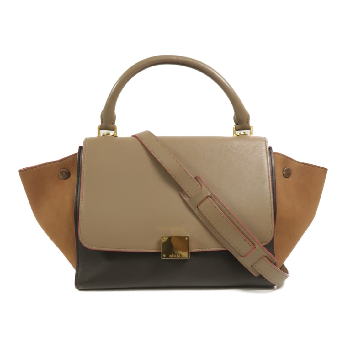 CELINE Trapeze Calfskin 2 Way Shoulder Bag Beige Brown: CELINE Trapeze Calfskin 2 Way Shoulder Bag Beige Brown CELINE Trapeze 2 Way Shoulder Bag in calfskin (cowhide) leather with a brown and beige colorway. It features a turn lock closure, one outside/ins