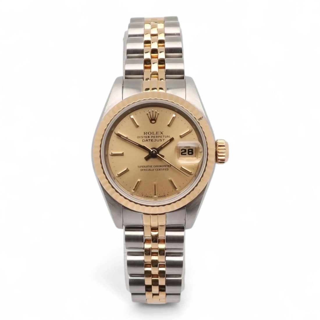 Ladies Rolex Datejust 69173 Automatic Steel Yellow Gold Champagne Dial Watch: Ladies Rolex Datejust 69173 Automatic Steel Yellow Gold Champagne Dial Watch This Rolex Datejust 26 is a classic ladies wristwatch featuring a stainless steel and 18K yellow gold case with a fluted fi
