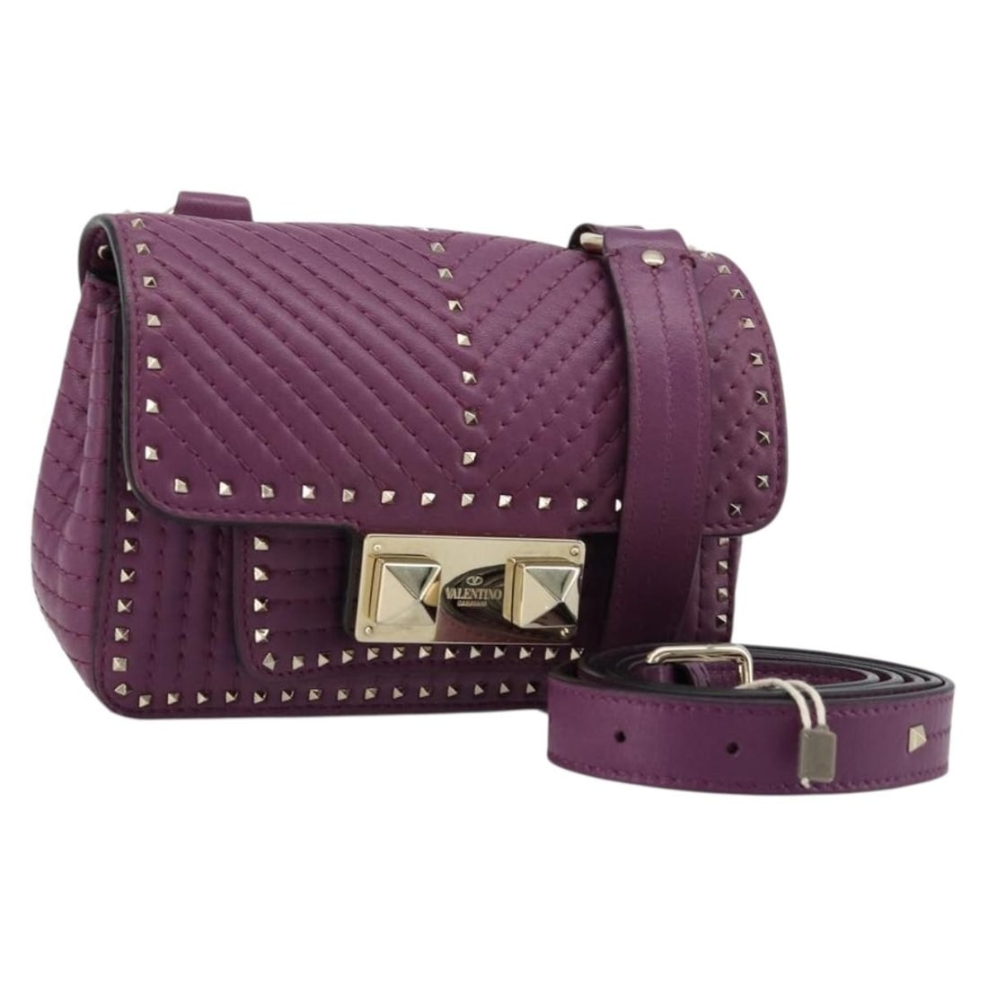 Valentino Rockstud Leather 2way Shoulder Bag Purple Gold Tone: Valentino Rockstud Leather 2way Shoulder Bag Purple Gold Tone Valentino Rockstud 2-way shoulder bag in purple leather with gold-tone detailing. This women's bag includes a shoulder strap and is made i