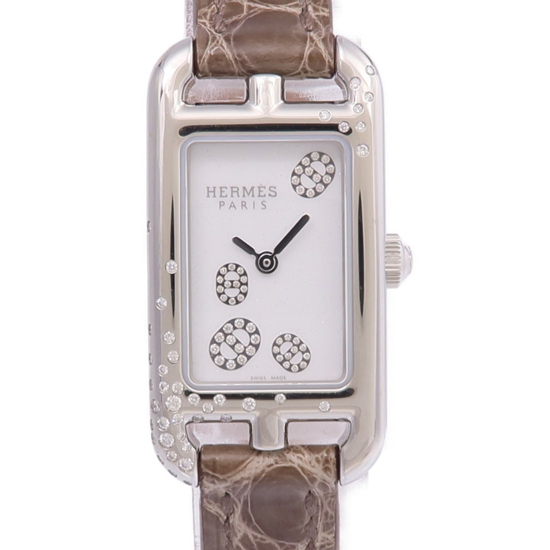 Women's HERMES Nantucket NA2.132 Diamond Quartz Wristwatch White Dial: Women's HERMES Nantucket NA2.132 Diamond Quartz Wristwatch White Dial Hermes Nantucket NA2.132 quartz wristwatch for women, featuring a stainless steel case with diamond details and a white dial. The 