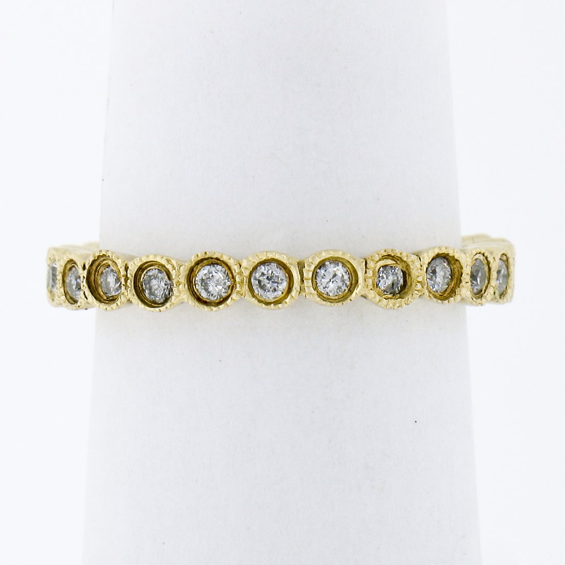 14k Yellow Gold Diamond Eternity Band Ring Size 5 Milgrain Bezel Set: 14k Yellow Gold Diamond Eternity Band Ring Size 5 Milgrain Bezel Set This elegant eternity band ring is crafted from solid 14k yellow gold and features 24 round brilliant cut natural diamonds, each se