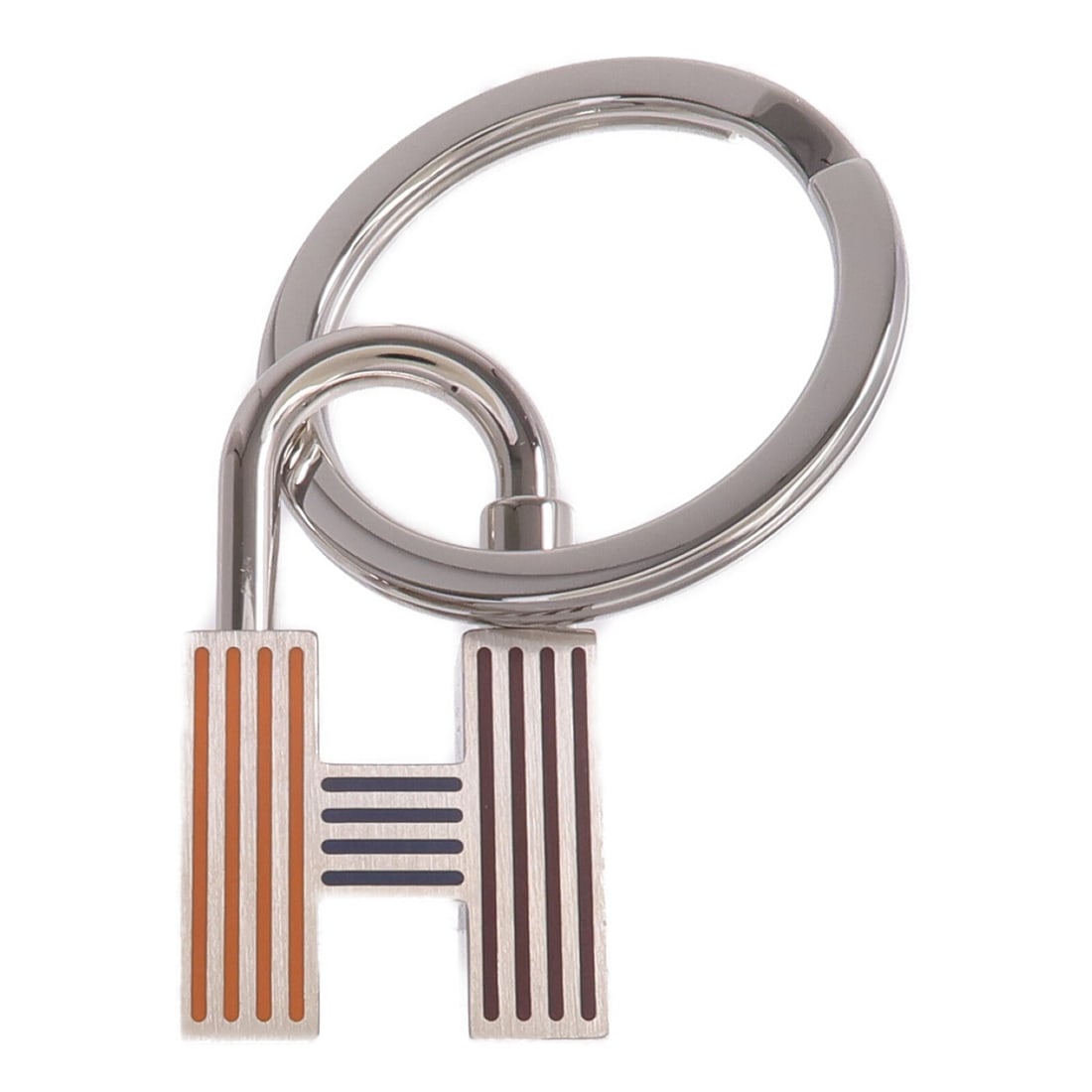 Hermes Unisex Metal Key Ring Silver Orange Blue Brown: Hermes Unisex Metal Key Ring Silver Orange Blue Brown Hermes key ring in metal with a silver and orange colorway. It is a unisex regular-size accessory made in France and offered in very good AB condi