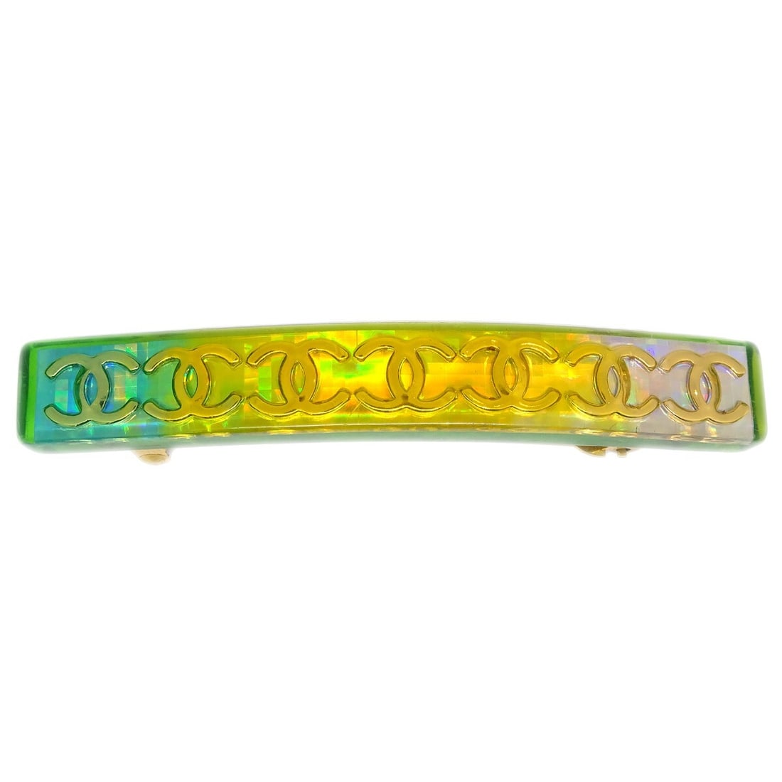 Chanel 61 Acrylic Hair Barrette Multicolor France: Chanel 61 Acrylic Hair Barrette Multicolor France Chanel hair clip barrette in acrylic with a multicolor design and gold-plated accents. Made in France, this piece comes with its box. Condition shows 